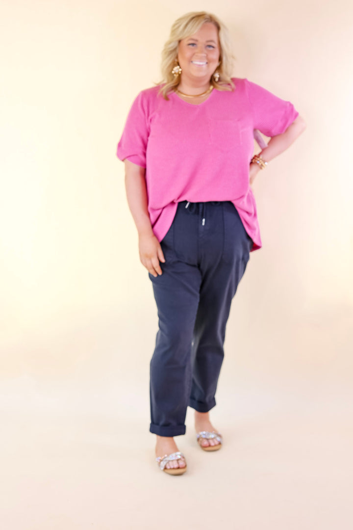 Only True Love Ribbed Short Sleeve Top with Front Pocket in Orchid Pink - Giddy Up Glamour Boutique