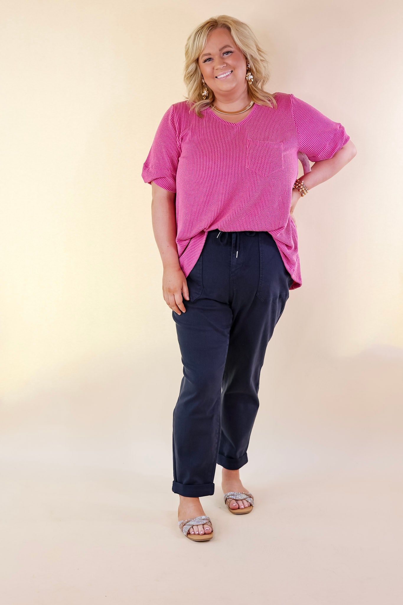 Only True Love Ribbed Short Sleeve Top with Front Pocket in Orchid Pink - Giddy Up Glamour Boutique