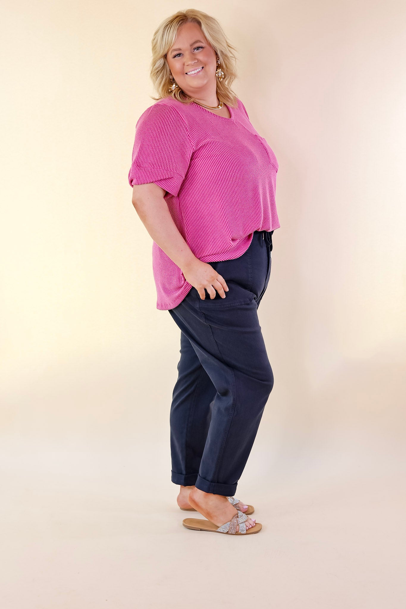 Only True Love Ribbed Short Sleeve Top with Front Pocket in Orchid Pink