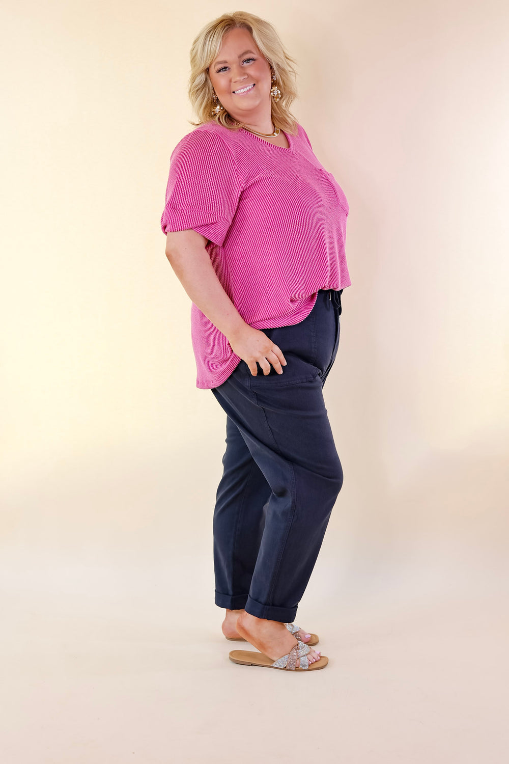 Only True Love Ribbed Short Sleeve Top with Front Pocket in Orchid Pink - Giddy Up Glamour Boutique