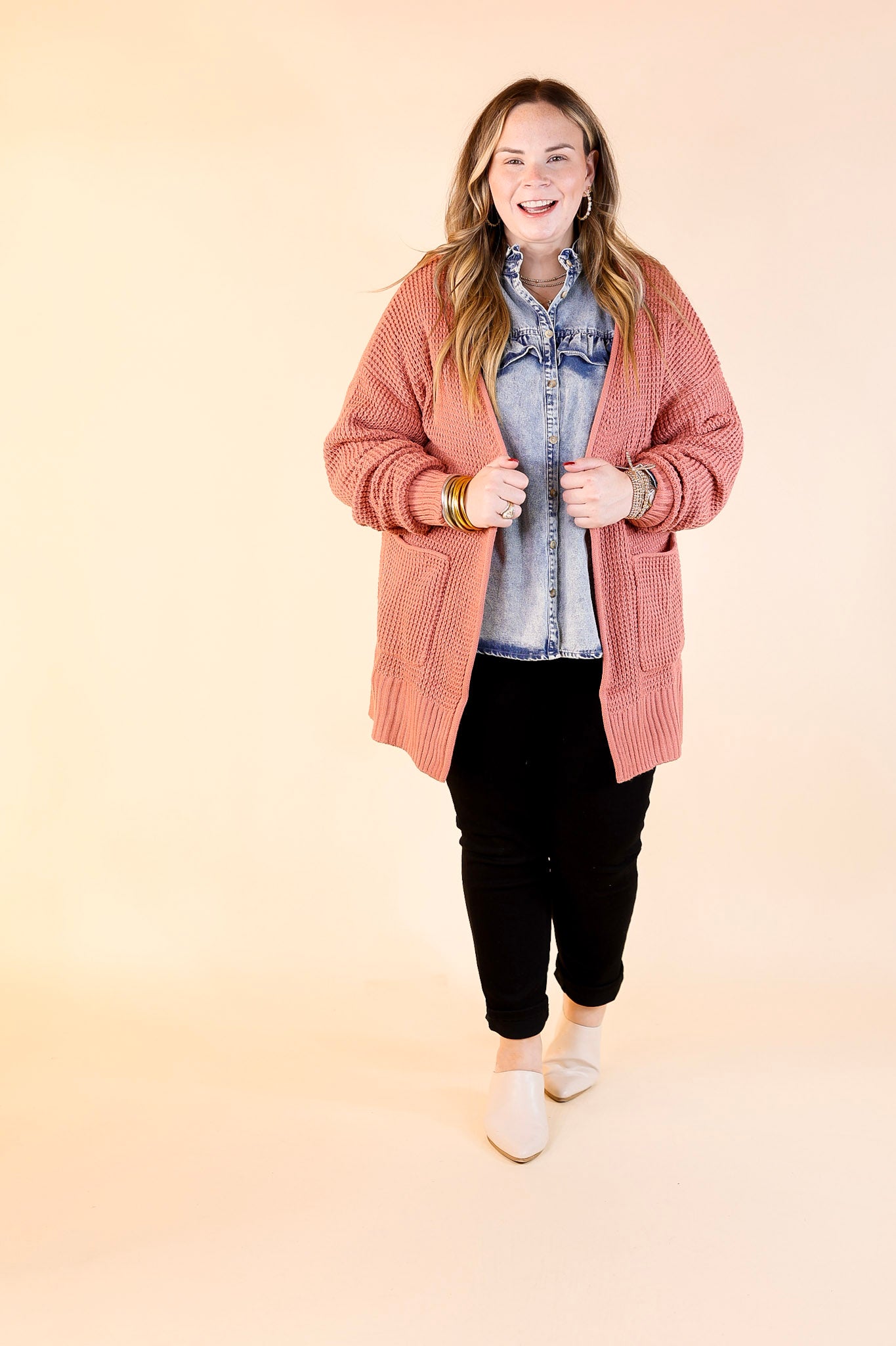 Cozy Layers Waffle Knit Cardigan in Dusty Rose Pink