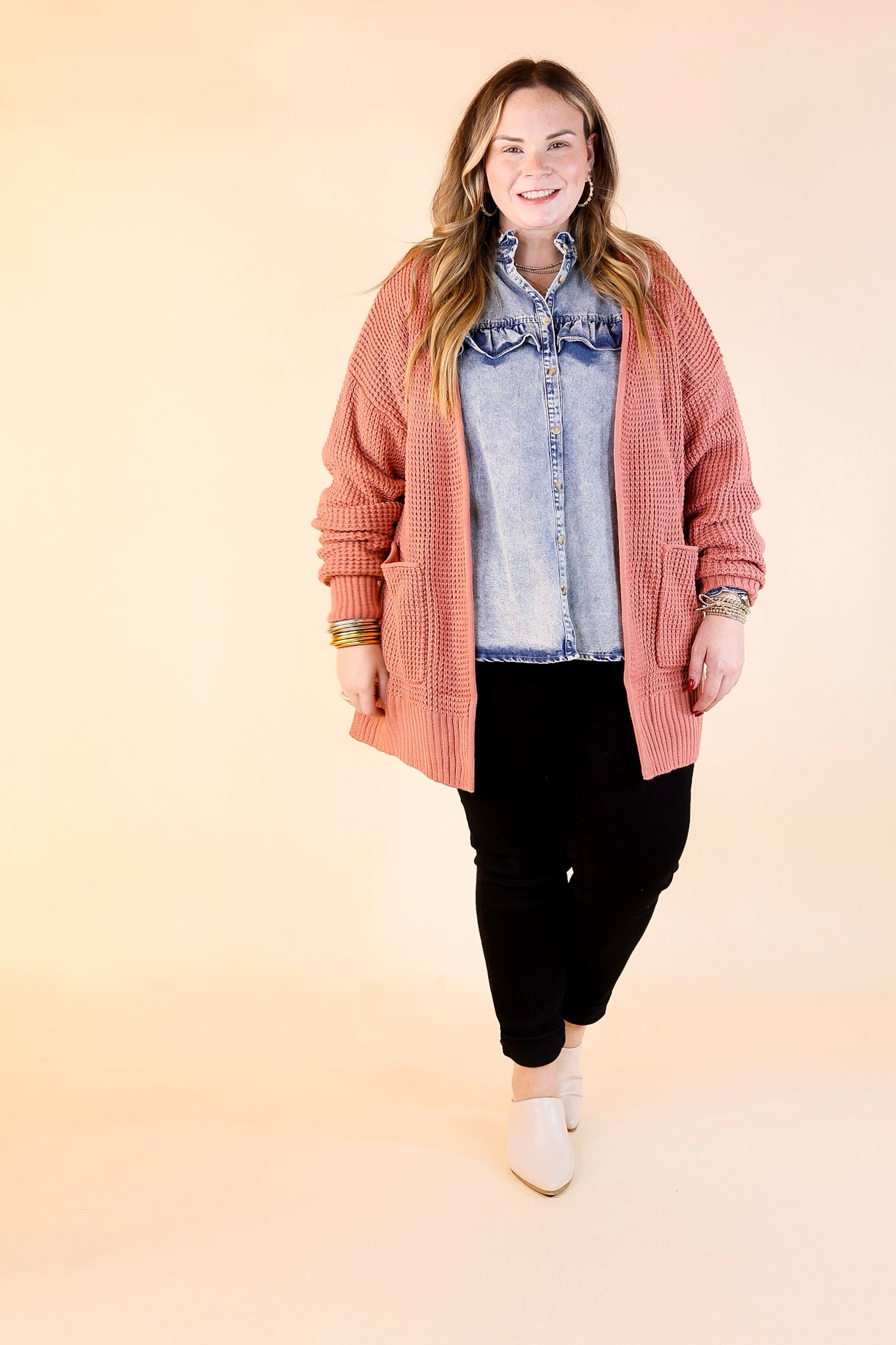 Cozy Layers Waffle Knit Cardigan in Dusty Rose Pink