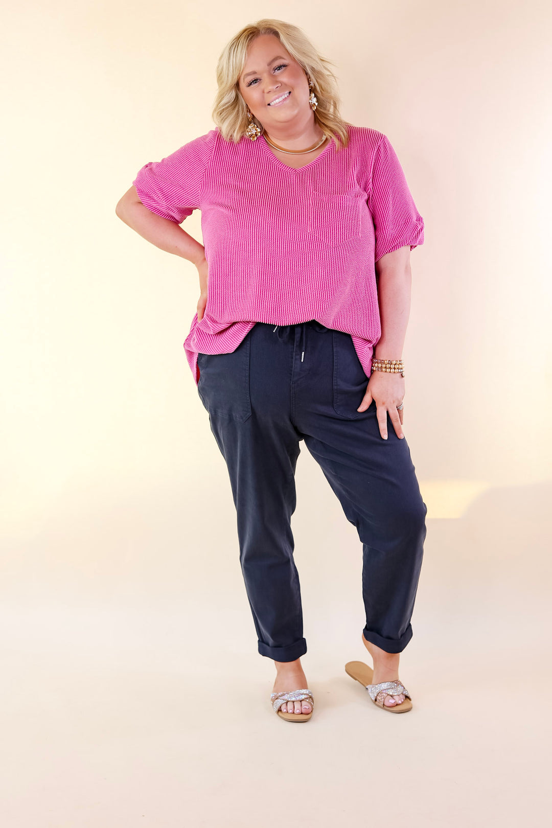 Only True Love Ribbed Short Sleeve Top with Front Pocket in Orchid Pink - Giddy Up Glamour Boutique