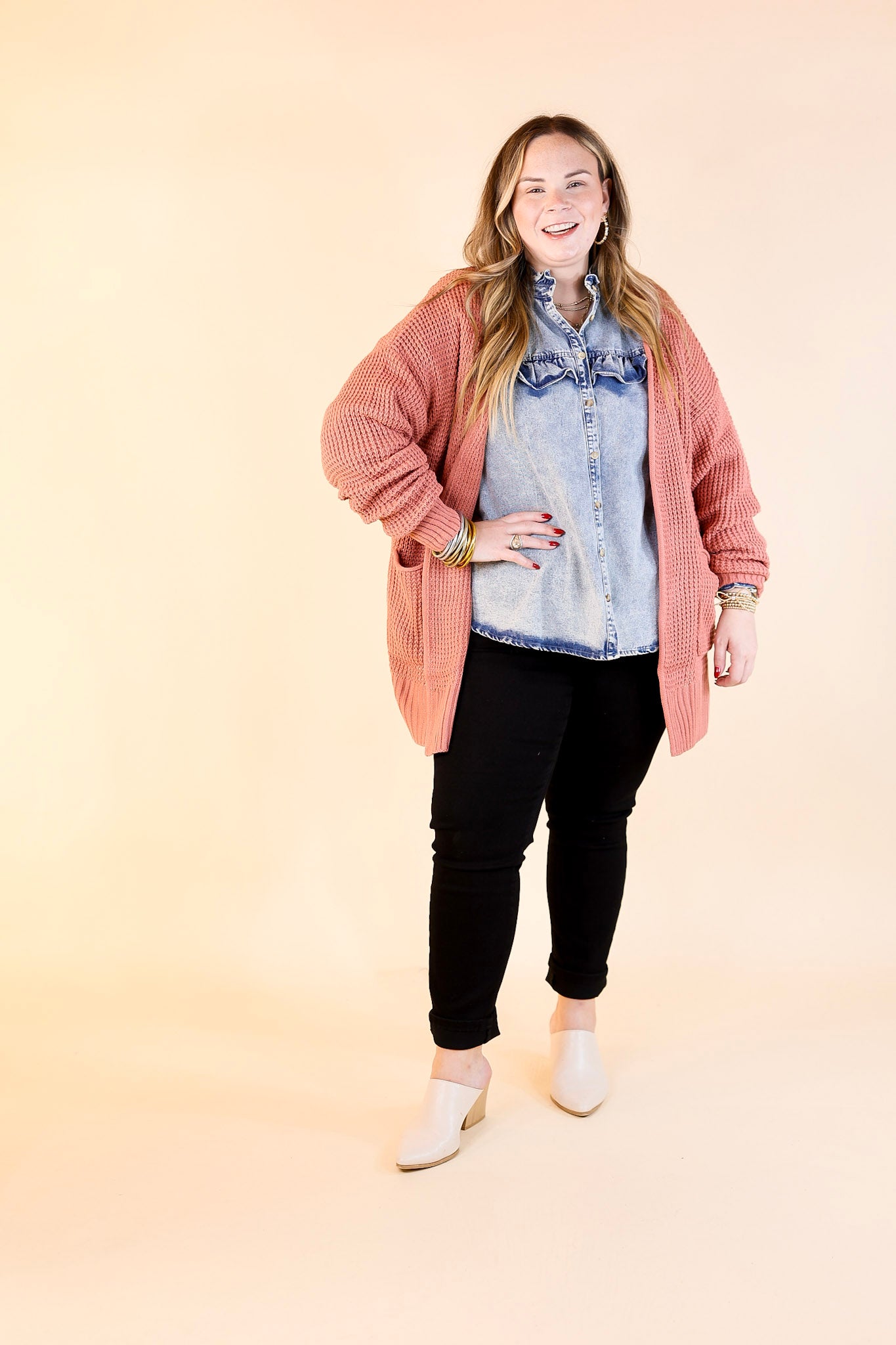 Cozy Layers Waffle Knit Cardigan in Dusty Rose Pink