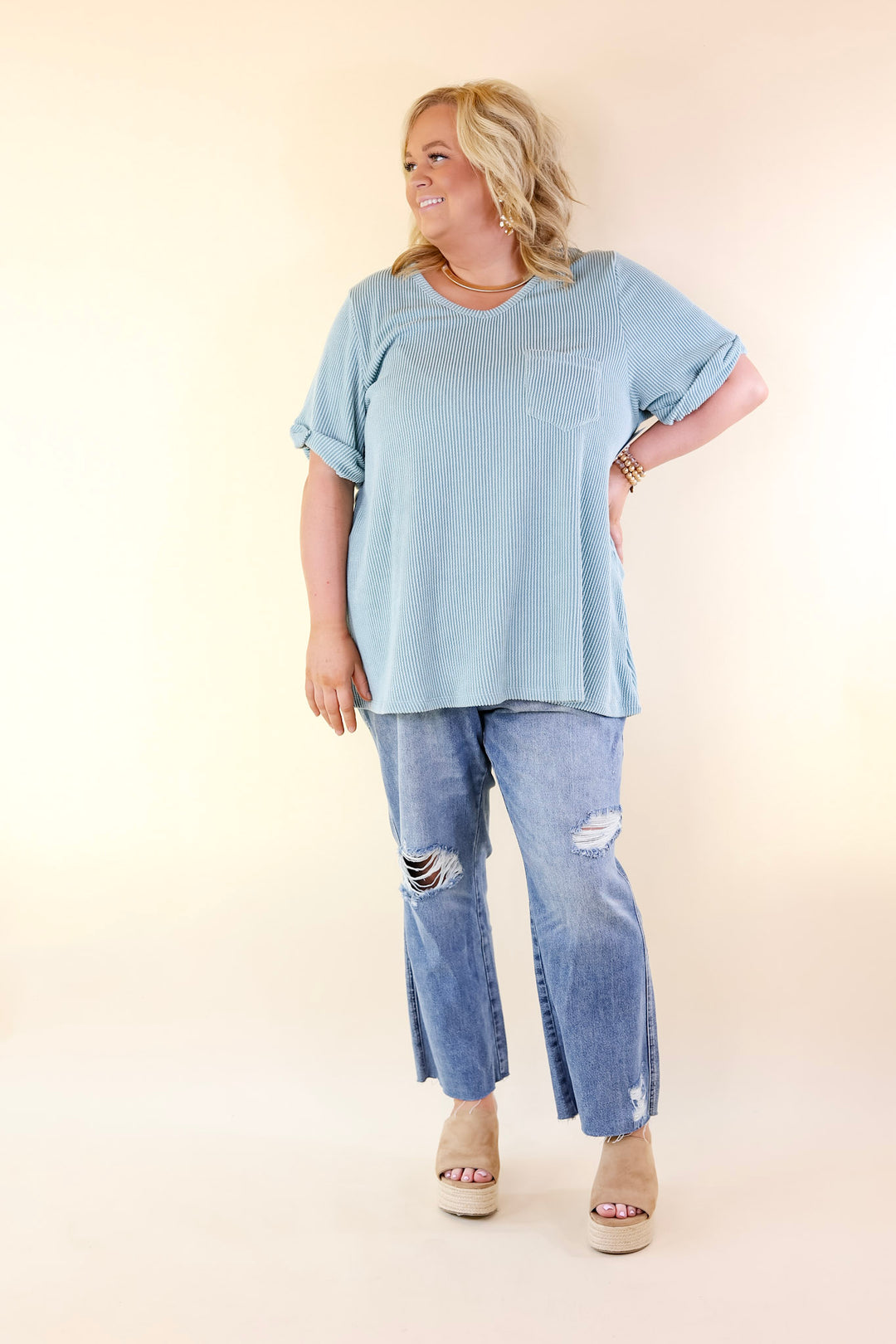 Only True Love Ribbed Short Sleeve Top with Front Pocket in Dusty Turquoise - Giddy Up Glamour Boutique