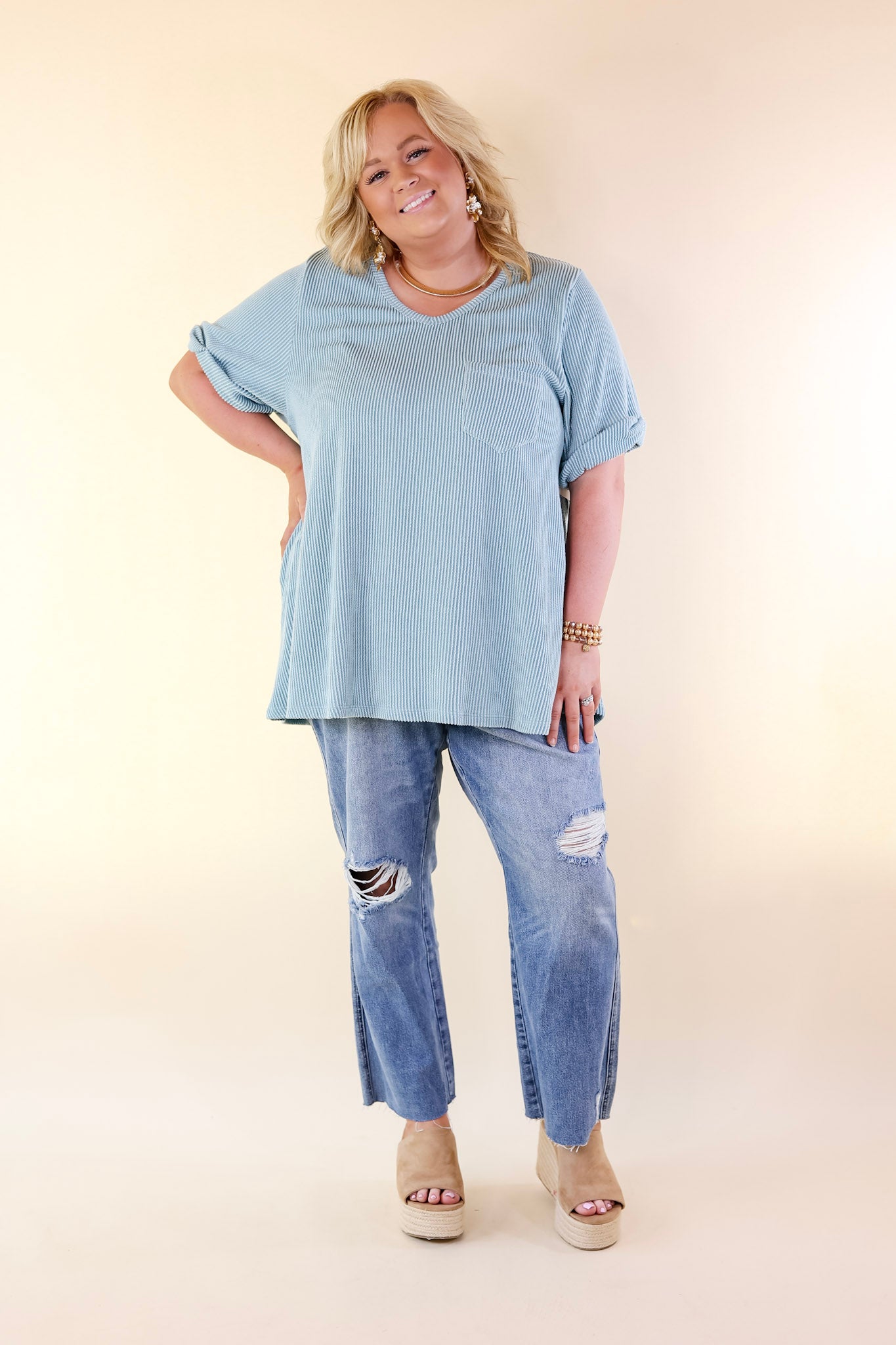 Only True Love Ribbed Short Sleeve Top with Front Pocket in Dusty Turquoise - Giddy Up Glamour Boutique