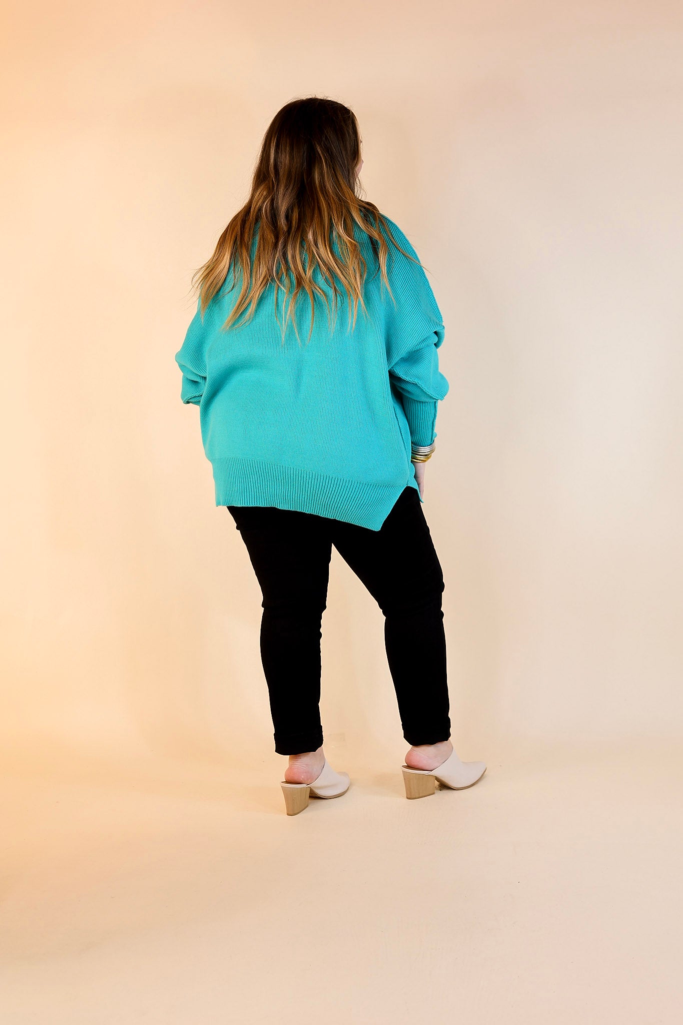 Snug and Stylish Mock Neck Sweater with Side Slit in Turquoise Blue