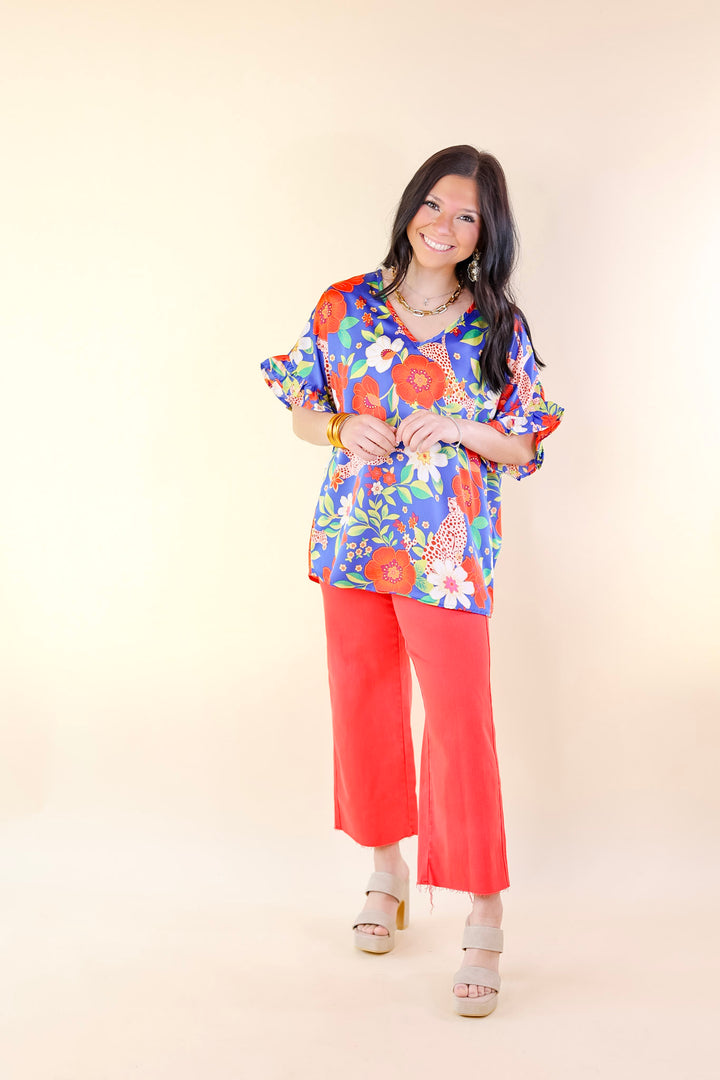 Best Version Floral and Cheetah Print V Neck Top with Ruffle Short Sleeves in Blue - Giddy Up Glamour Boutique