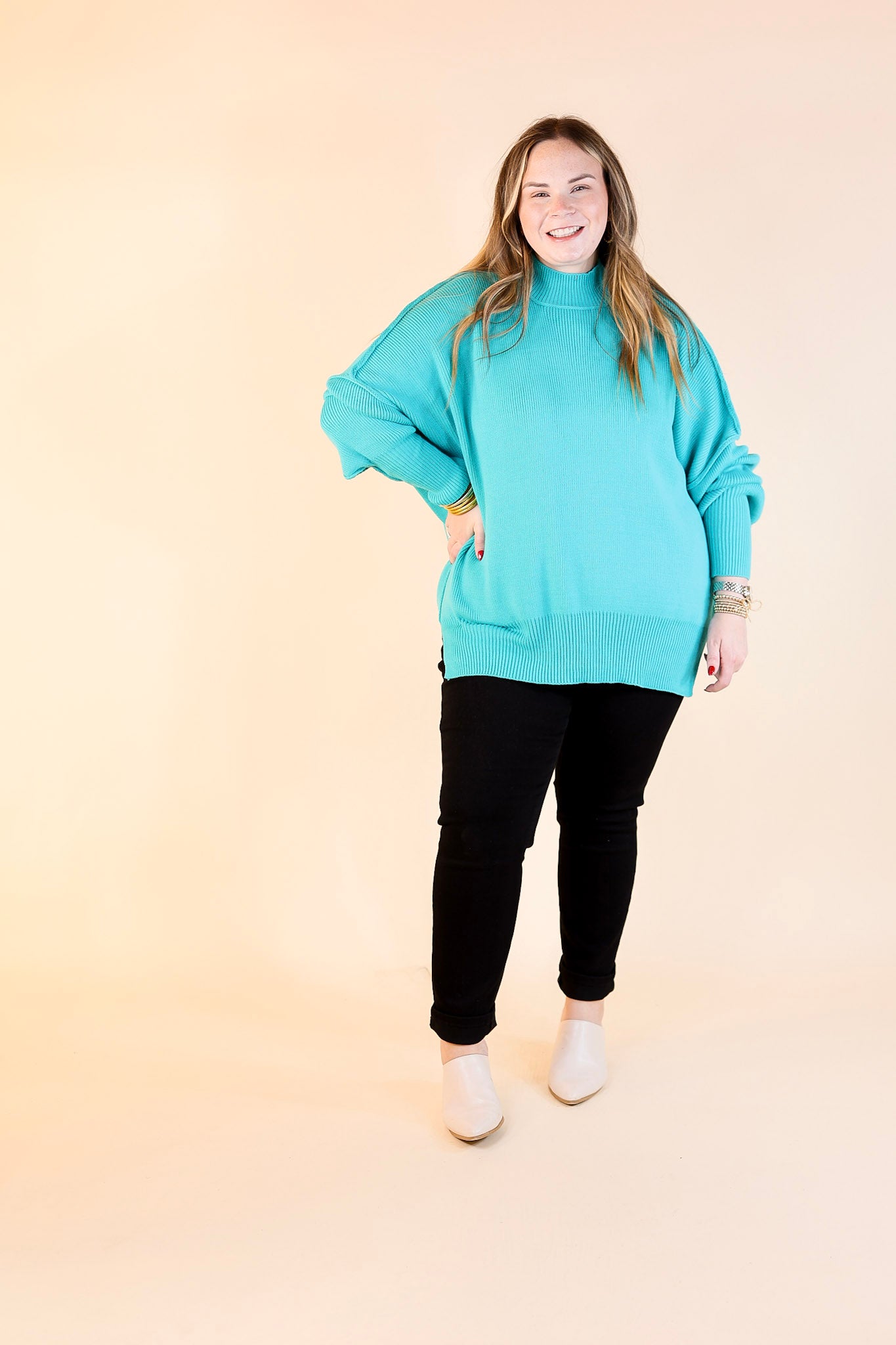 Snug and Stylish Mock Neck Sweater with Side Slit in Turquoise Blue