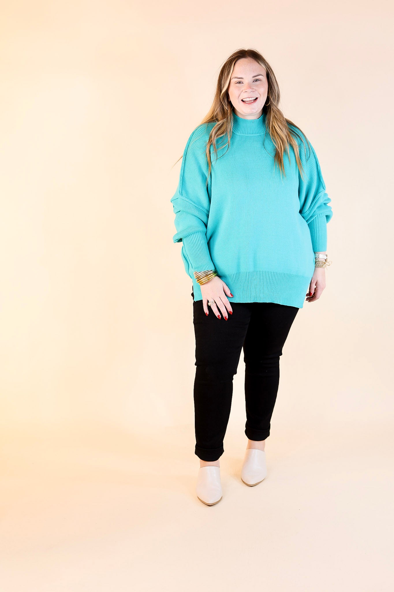 Snug and Stylish Mock Neck Sweater with Side Slit in Turquoise Blue