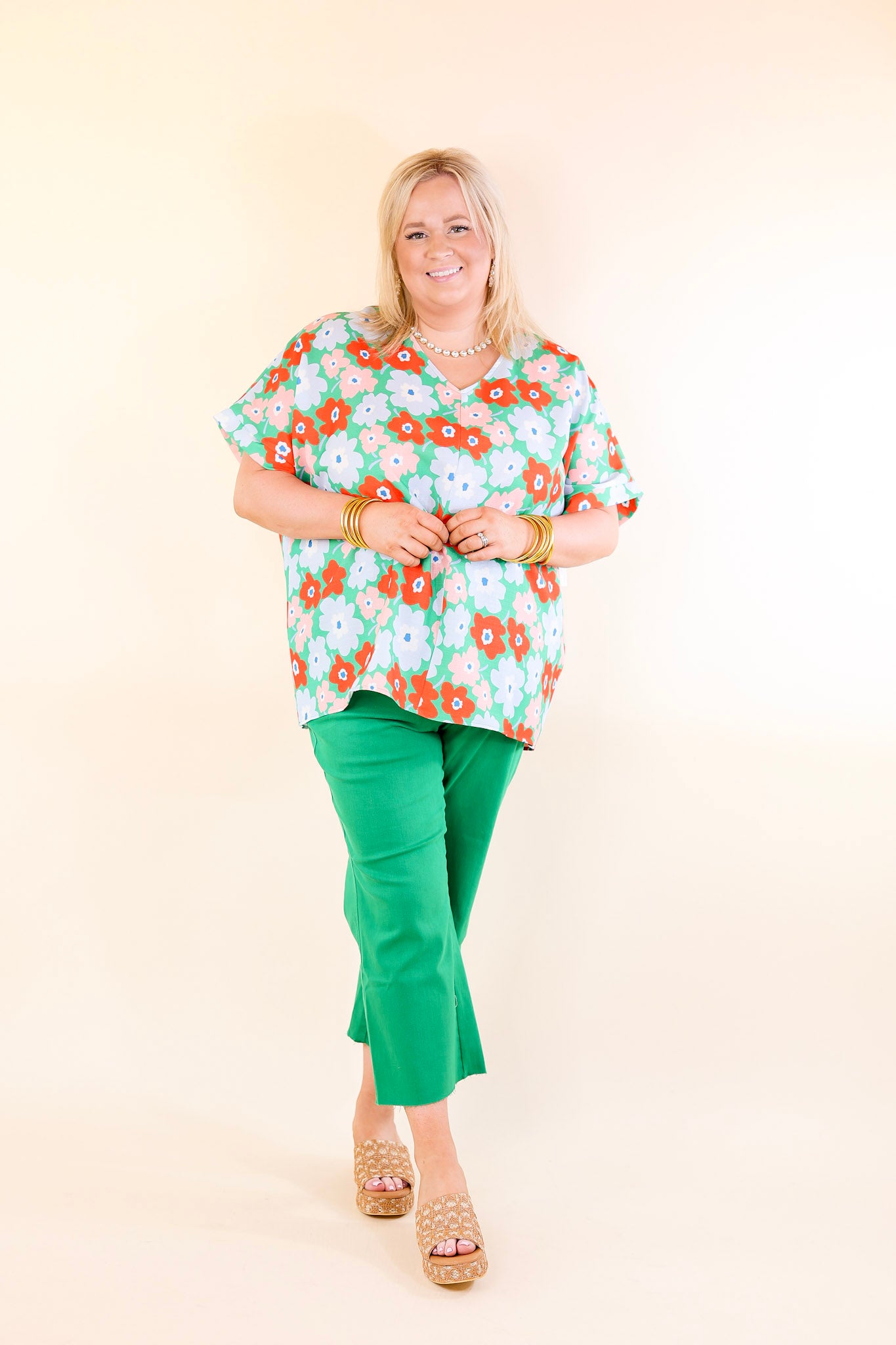 Sunny Refresh Floral V Neck Top in Green Mix