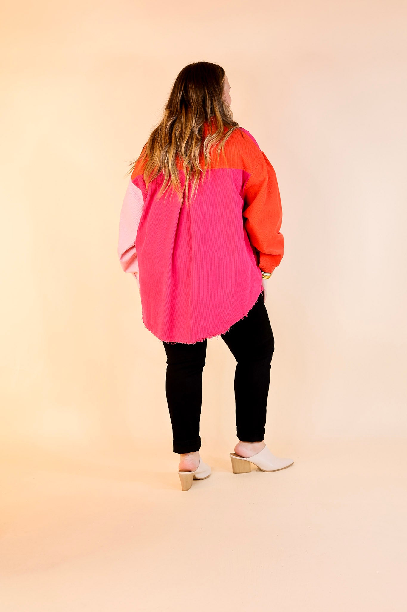 Down The Street Color Block Corduroy Jacket in Pink and Red