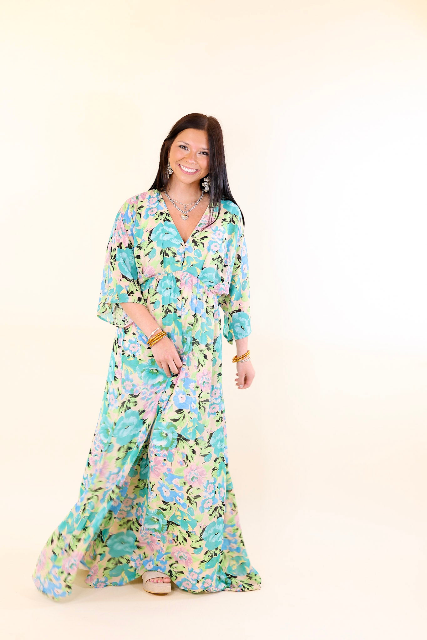 Beautifully Botanical V Neck Floral Print Maxi Dress in Blue and Green Mix