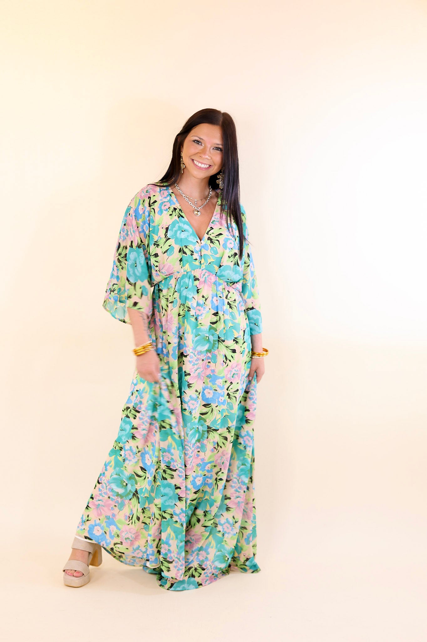 Beautifully Botanical V Neck Floral Print Maxi Dress in Blue and Green Mix