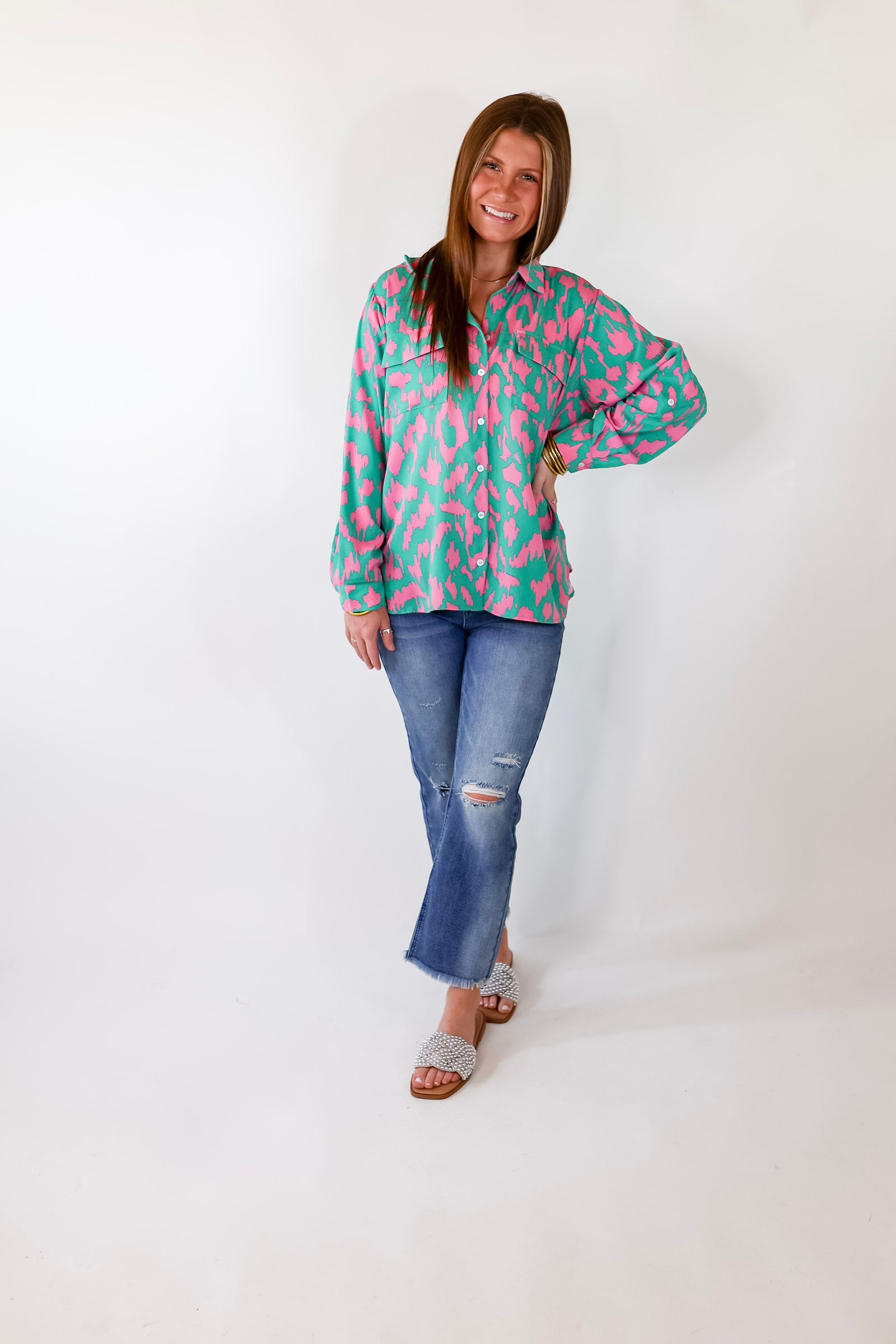 Fun and Adventurous Button Up Top With Pink Abstract Leopard Print In Green - Giddy Up Glamour Boutique
