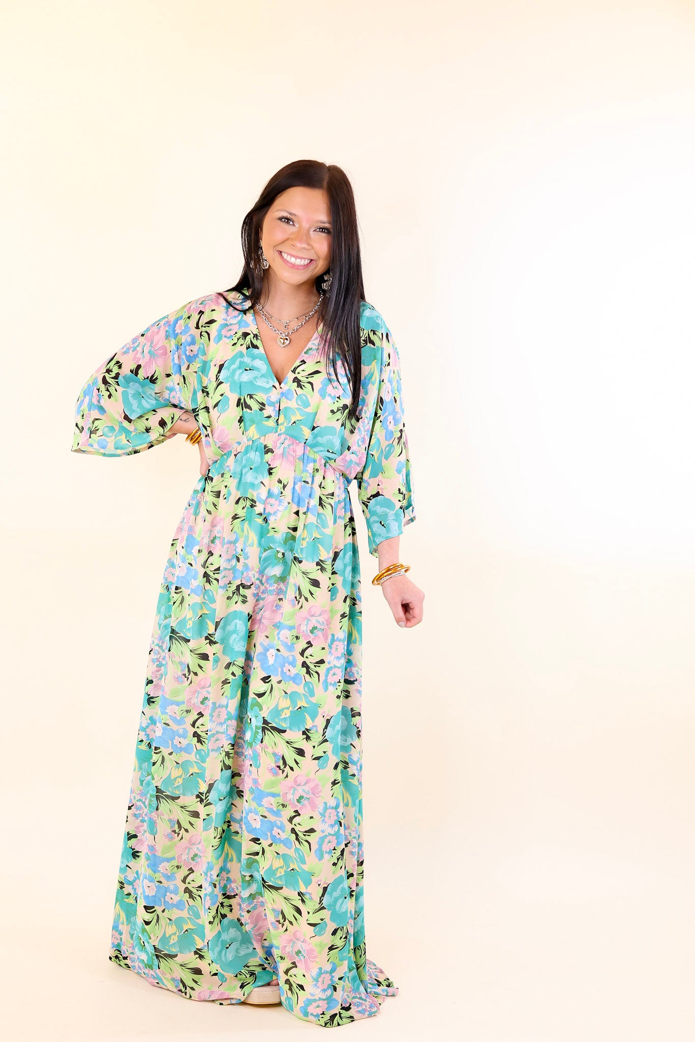 Beautifully Botanical V Neck Floral Print Maxi Dress in Blue and Green Mix