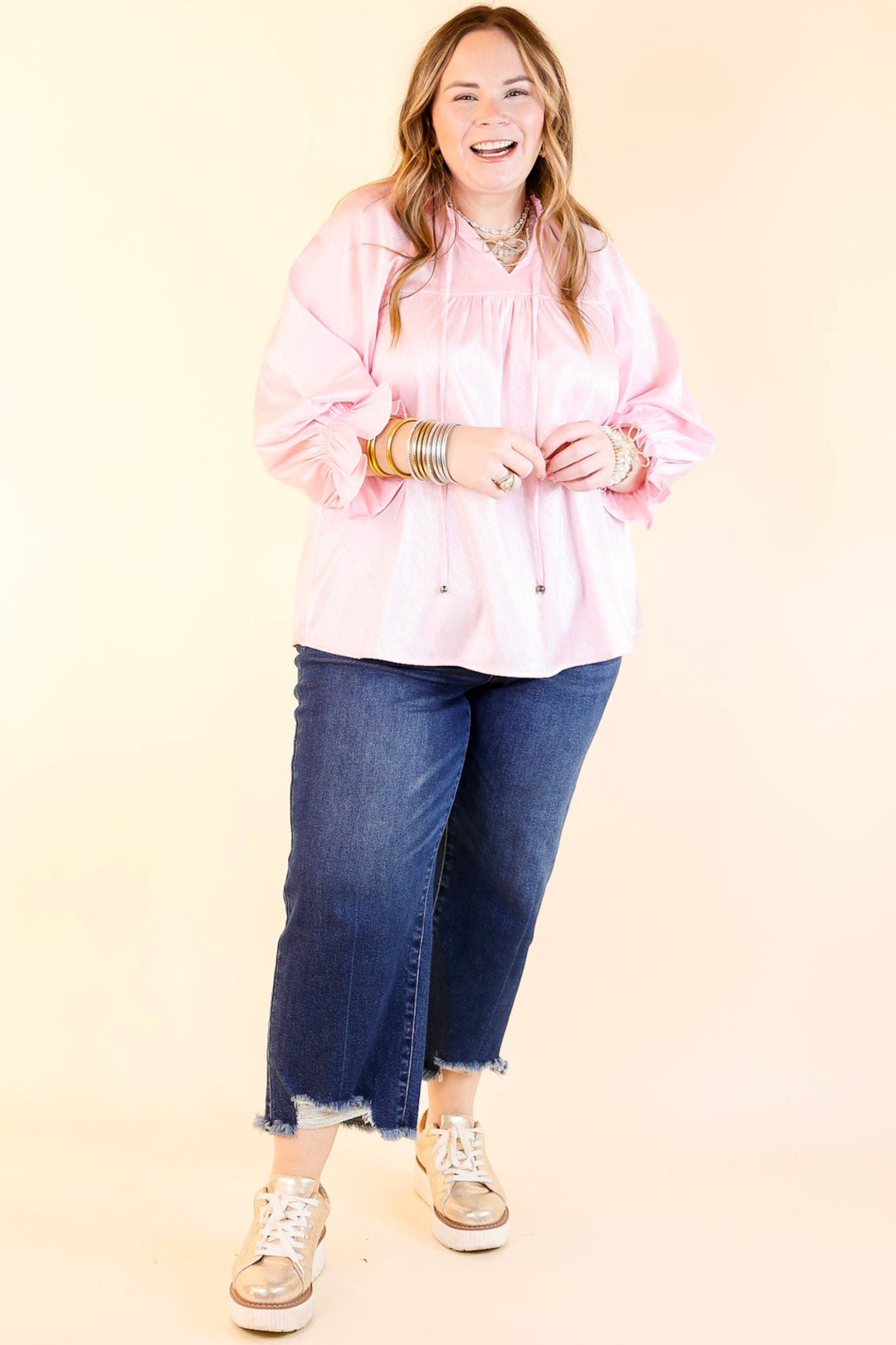 Sunset Situation Front Tie Keyhole Blouse in Light Pink