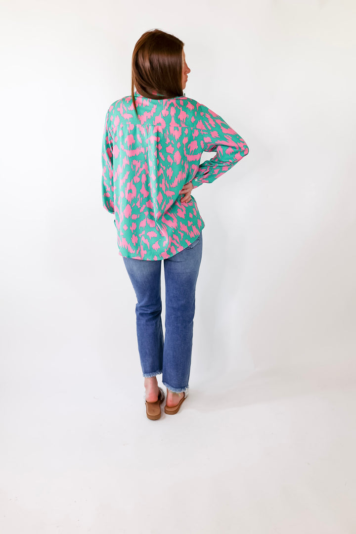 Fun and Adventurous Button Up Top With Pink Abstract Leopard Print In Green - Giddy Up Glamour Boutique