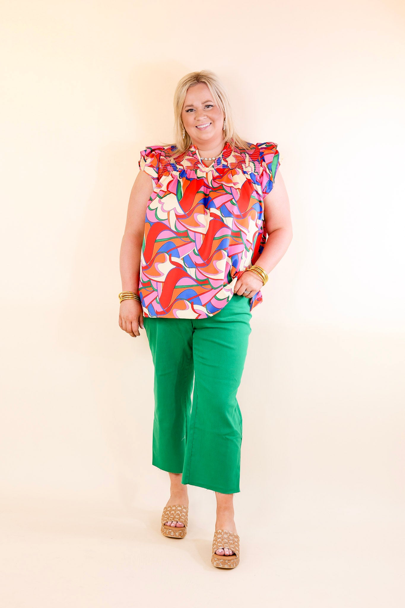 Lovely Line Up Abstract Print Top with Ruffle Cap Sleeves in Pink, Red, Blue and Cream Mix