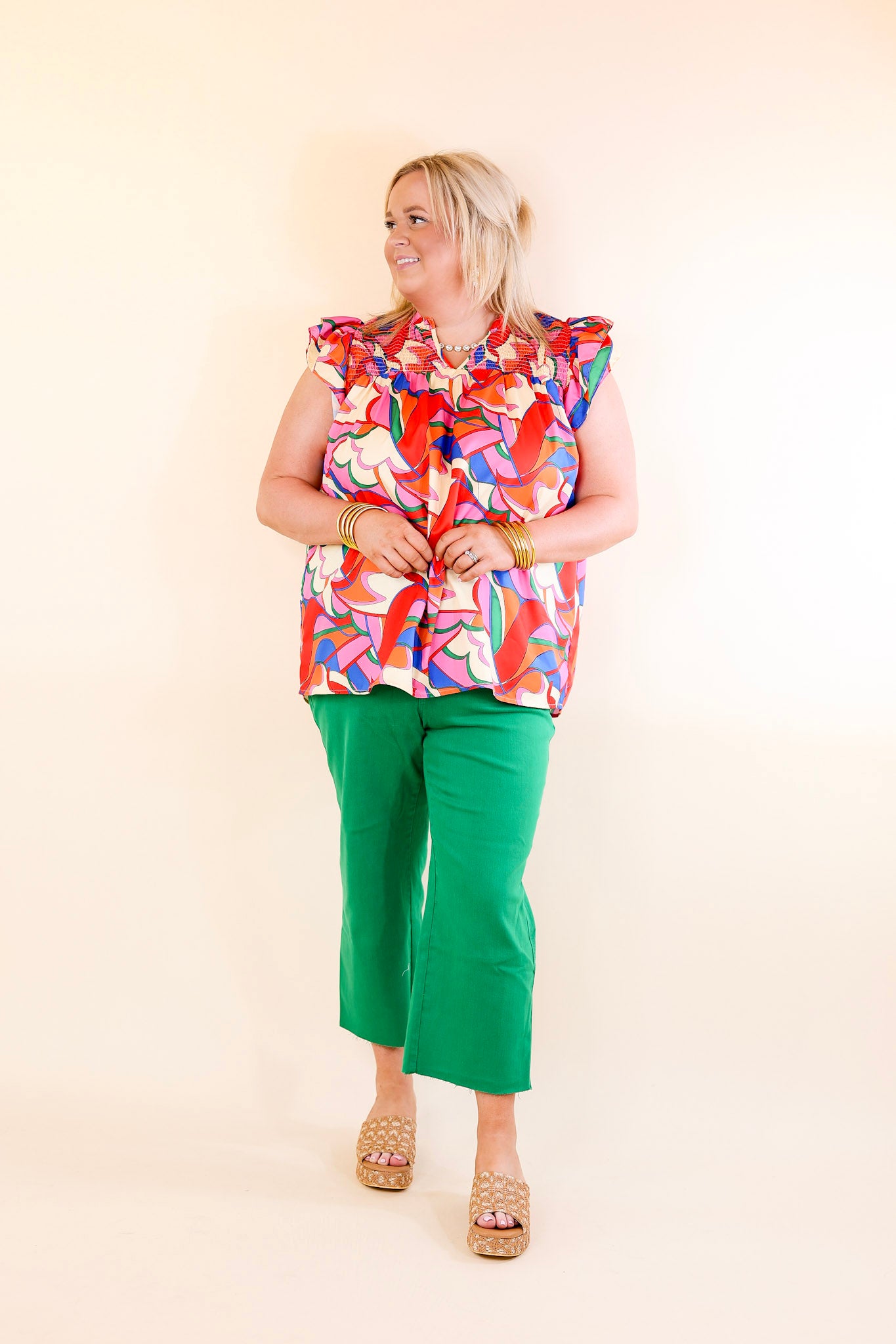 Lovely Line Up Abstract Print Top with Ruffle Cap Sleeves in Pink, Red, Blue and Cream Mix