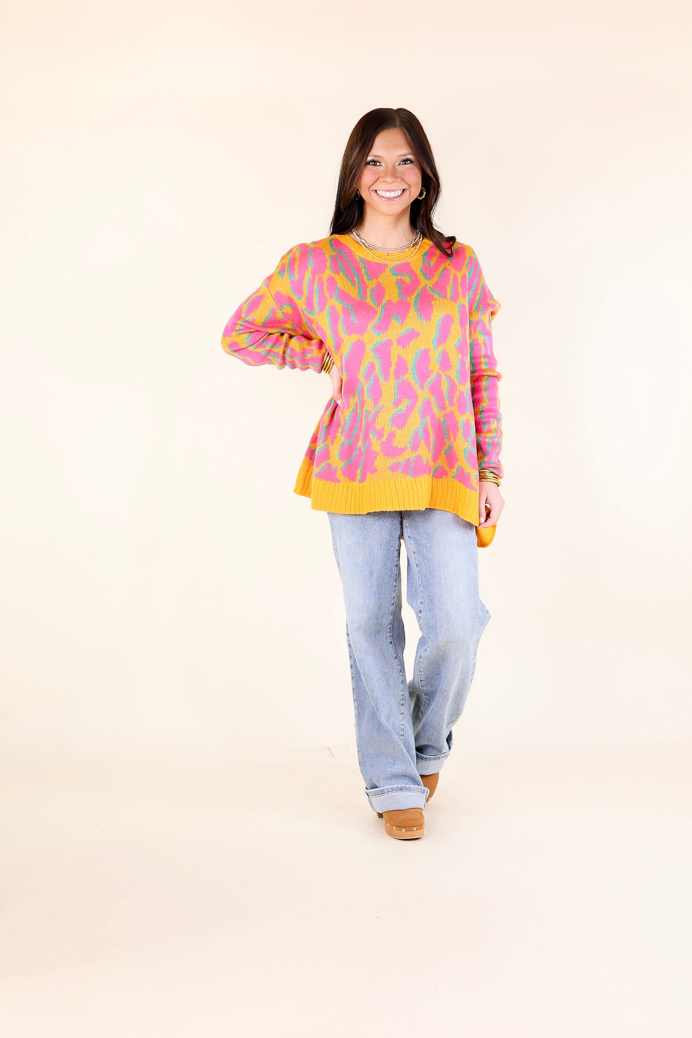 No Hesitation Animal Print Long Sleeve Sweater in Yellow and Neon Pink