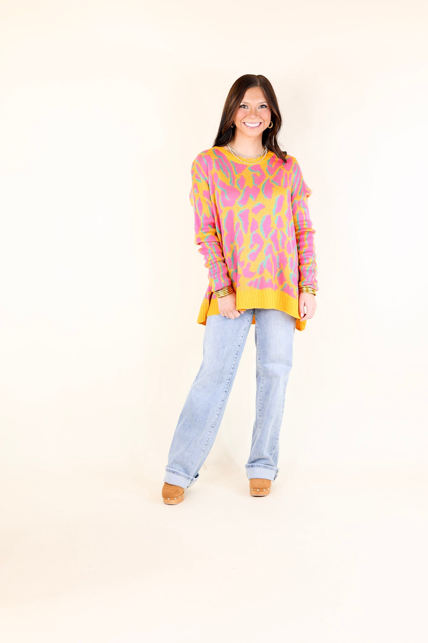 No Hesitation Animal Print Long Sleeve Sweater in Yellow and Neon Pink