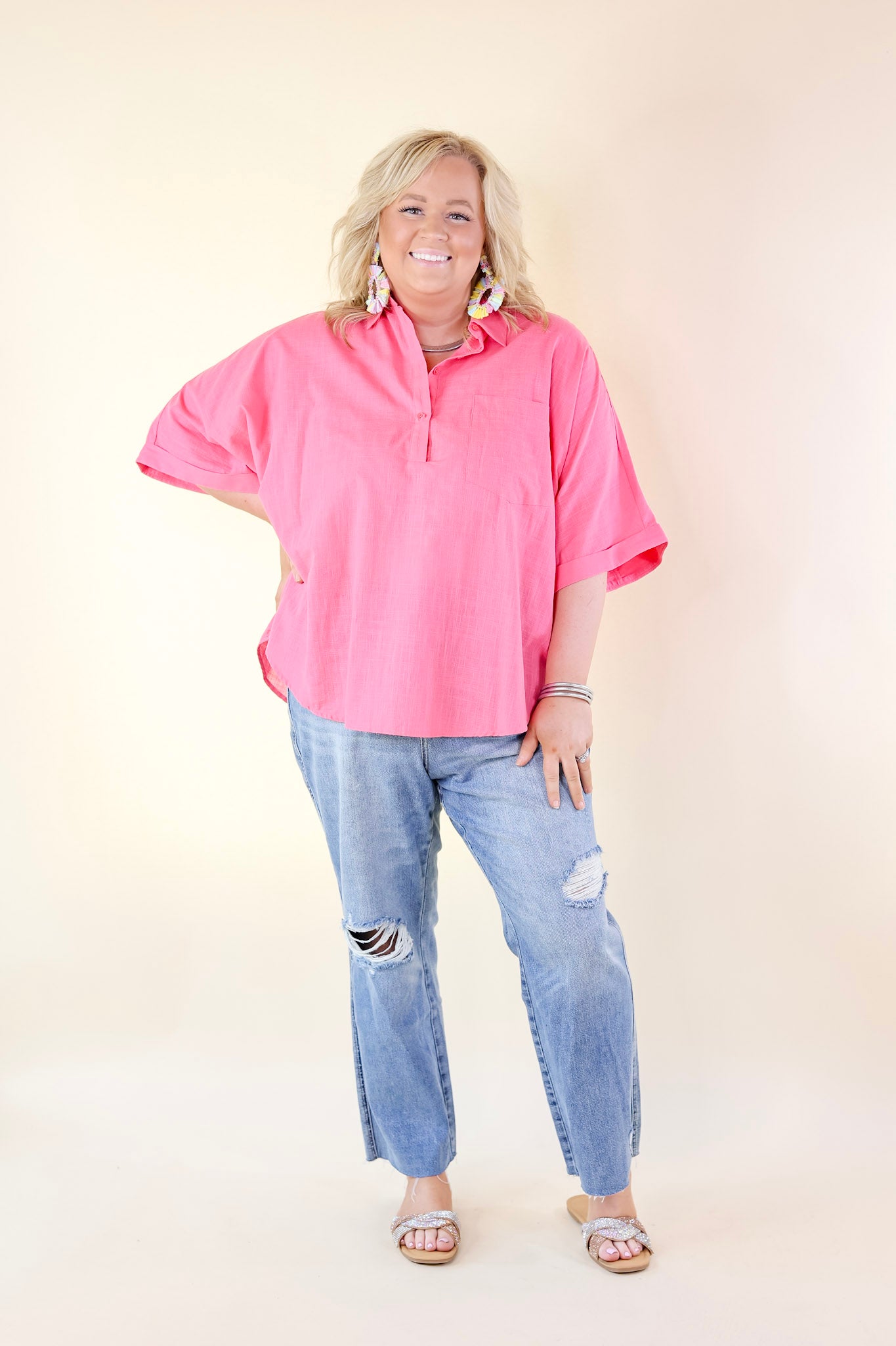 Sweet Surprise Half Button Up Poncho Top with Collared Neckline in Coral Pink