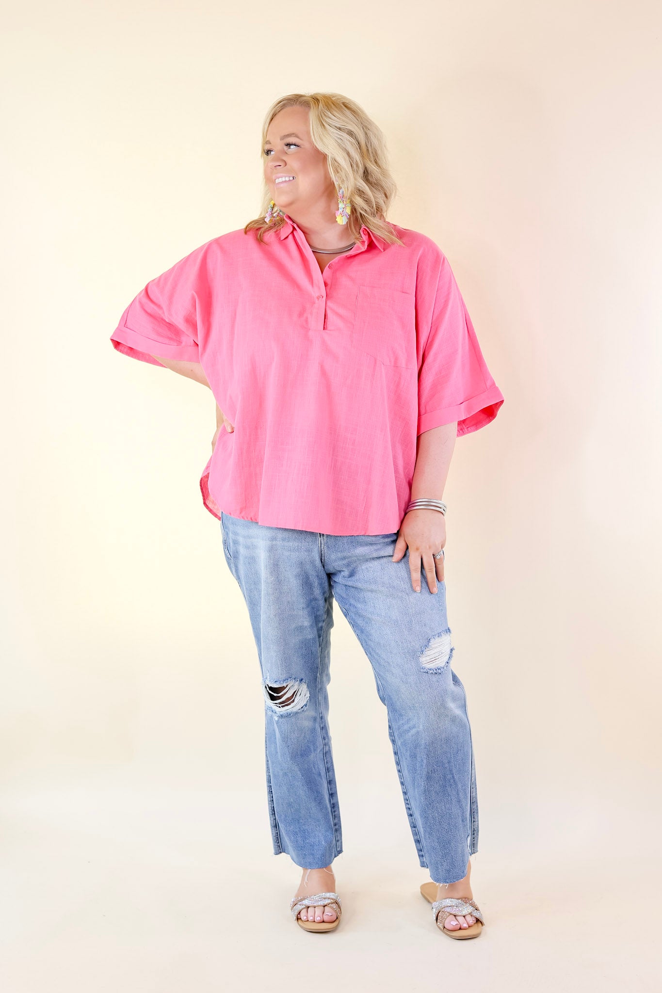 Sweet Surprise Half Button Up Poncho Top with Collared Neckline in Coral Pink - Giddy Up Glamour Boutique