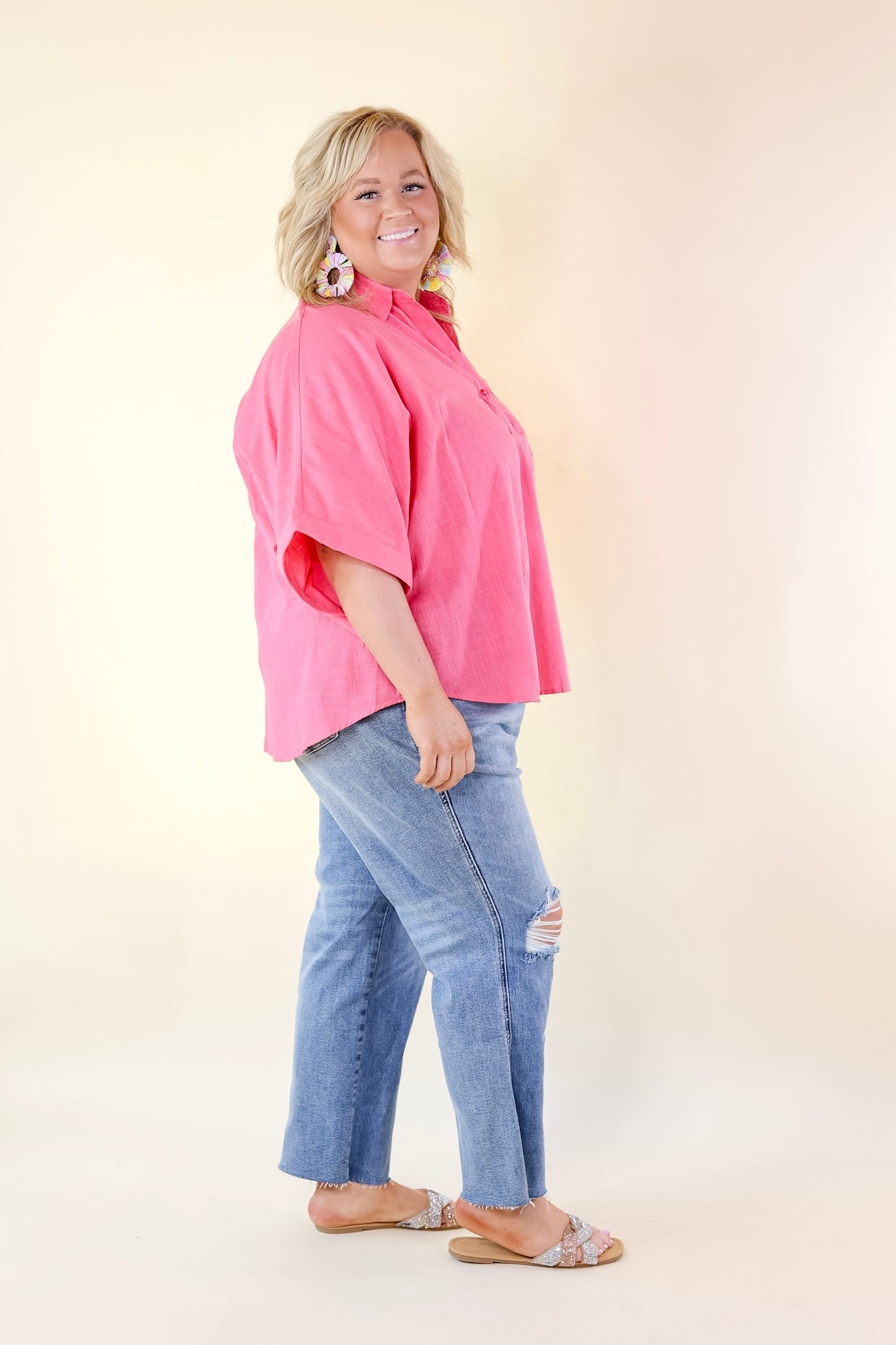 Sweet Surprise Half Button Up Poncho Top with Collared Neckline in Coral Pink - Giddy Up Glamour Boutique