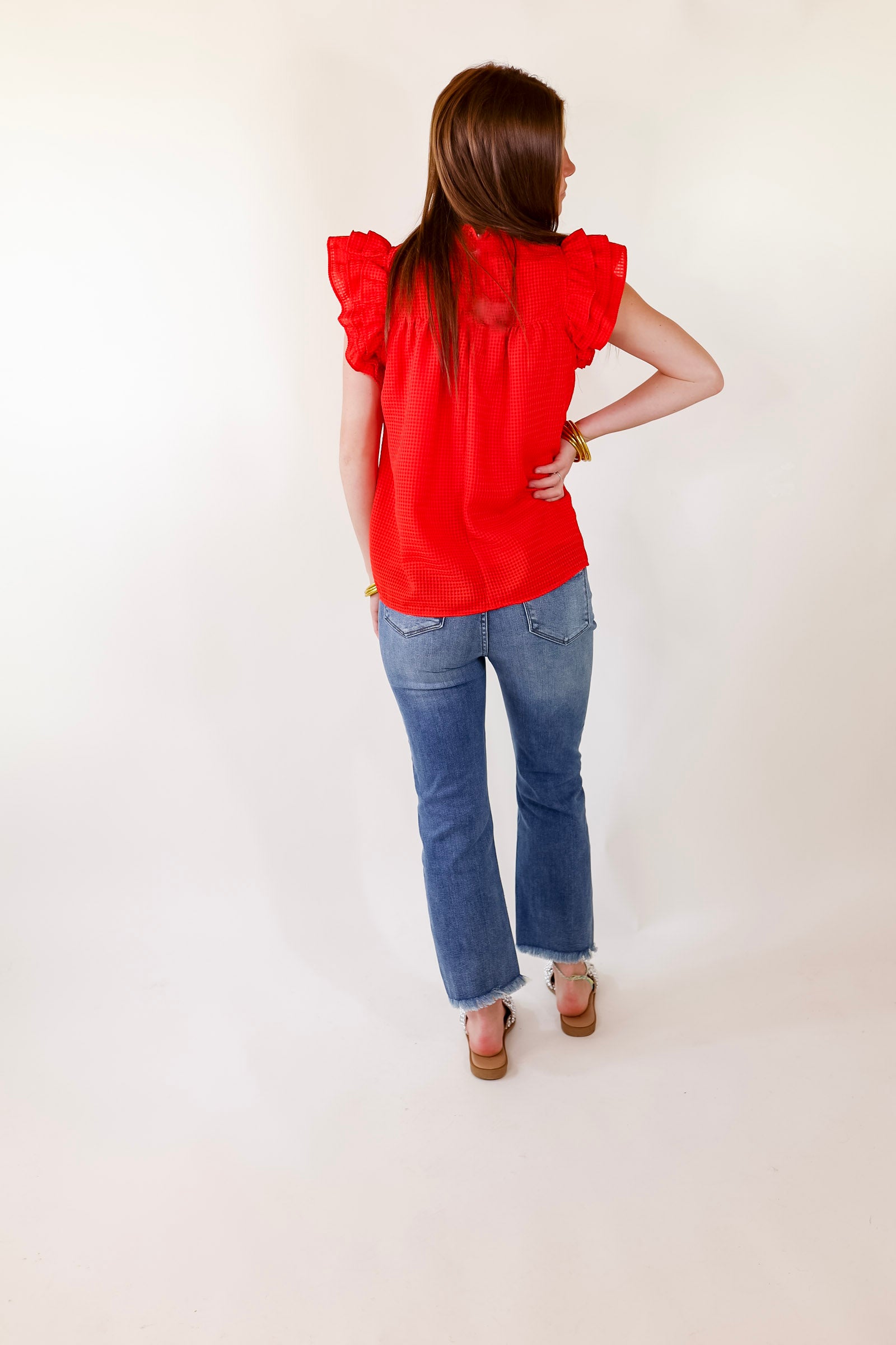 Perfectly Fabulous Ruffle Cap Sleeve Top in Red - Giddy Up Glamour Boutique