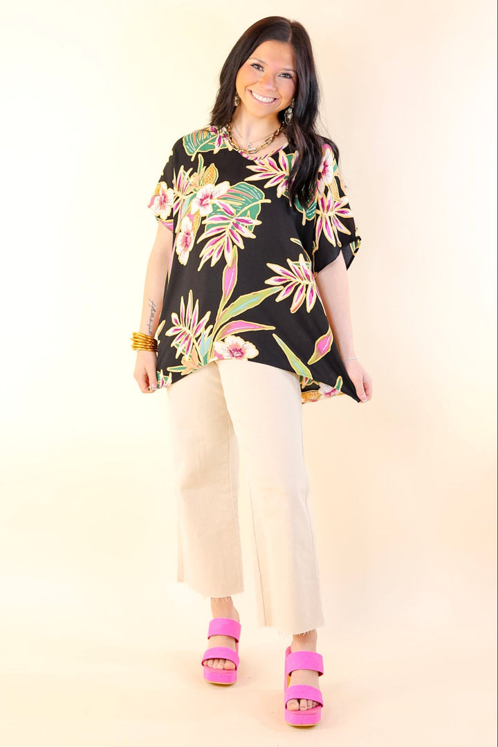Island Oasis Tropical Floral Print Top in Black - Giddy Up Glamour Boutique