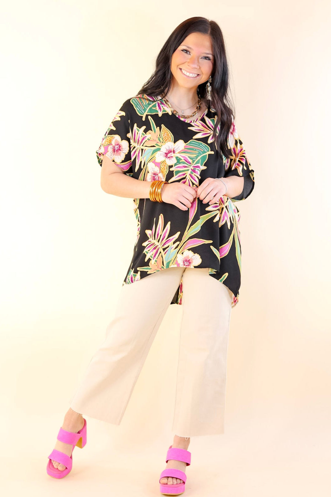 Island Oasis Tropical Floral Print Top in Black - Giddy Up Glamour Boutique