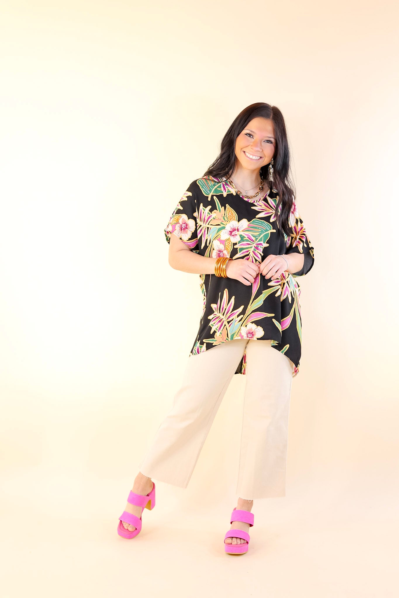 Island Oasis Tropical Floral Print Top in Black - Giddy Up Glamour Boutique