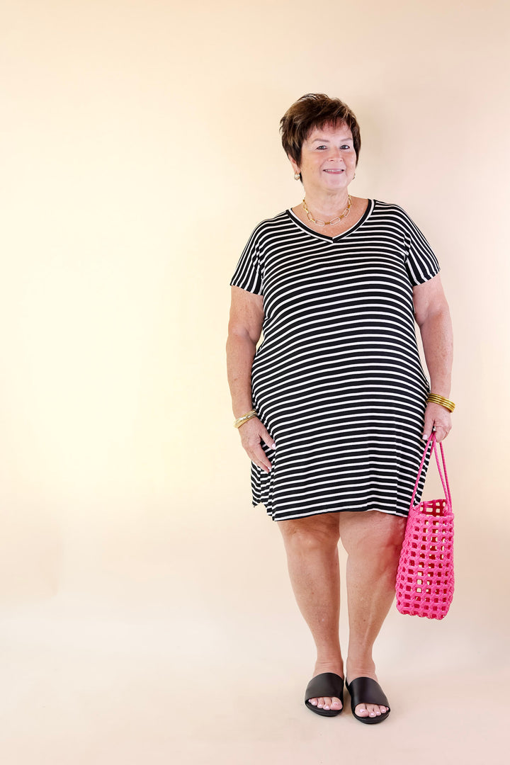 Effortless Moments Striped Short Sleeve Tee Shirt Dress in Black - Giddy Up Glamour Boutique