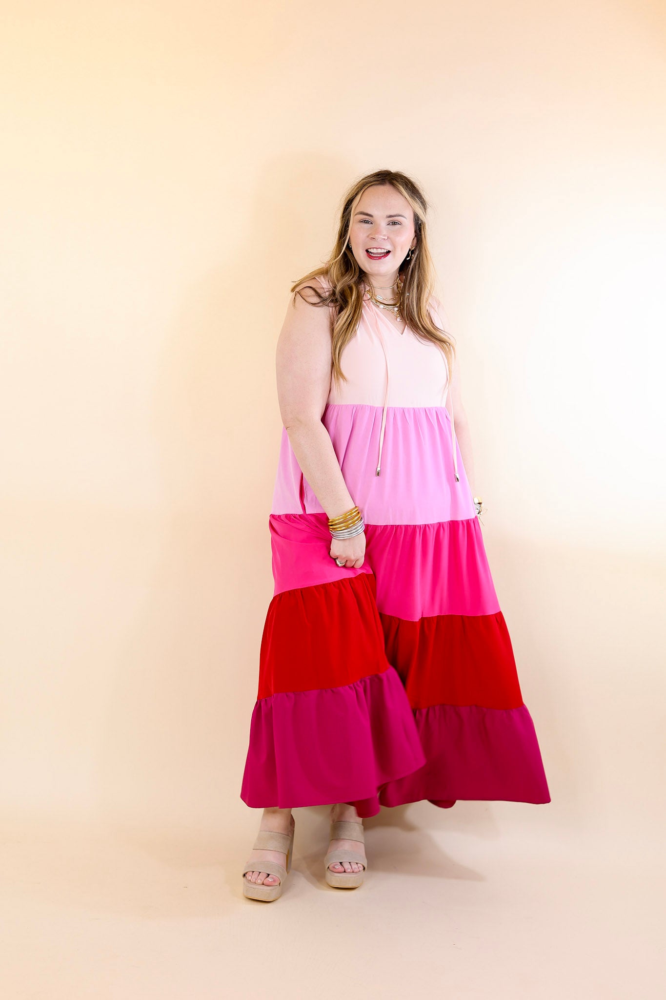 Calm Waters High Neck Tiered Maxi Dress in Pink Mix