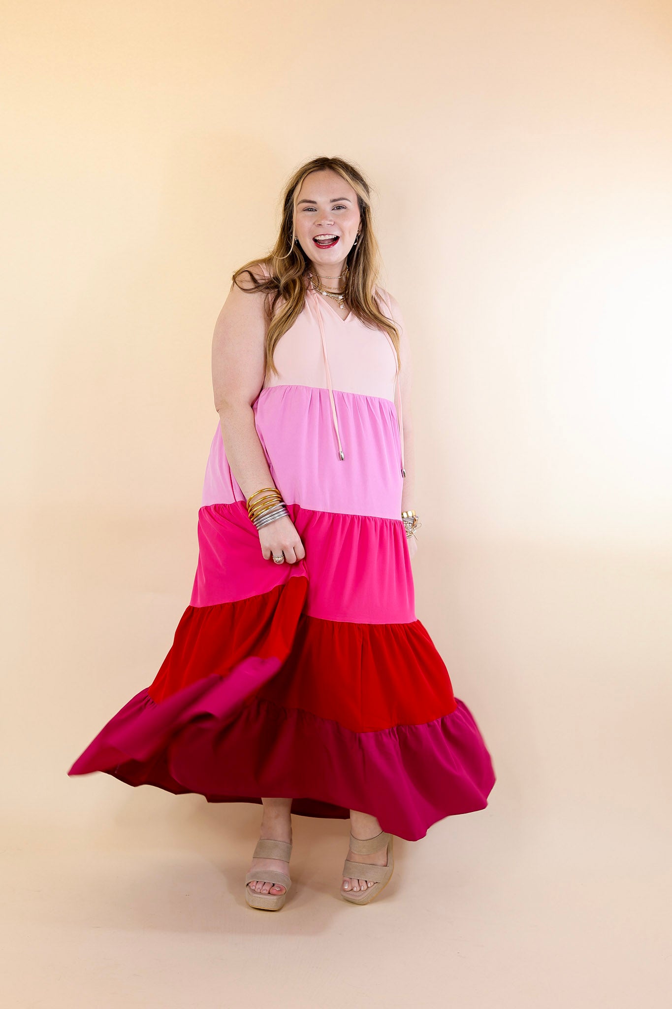 Calm Waters High Neck Tiered Maxi Dress in Pink Mix