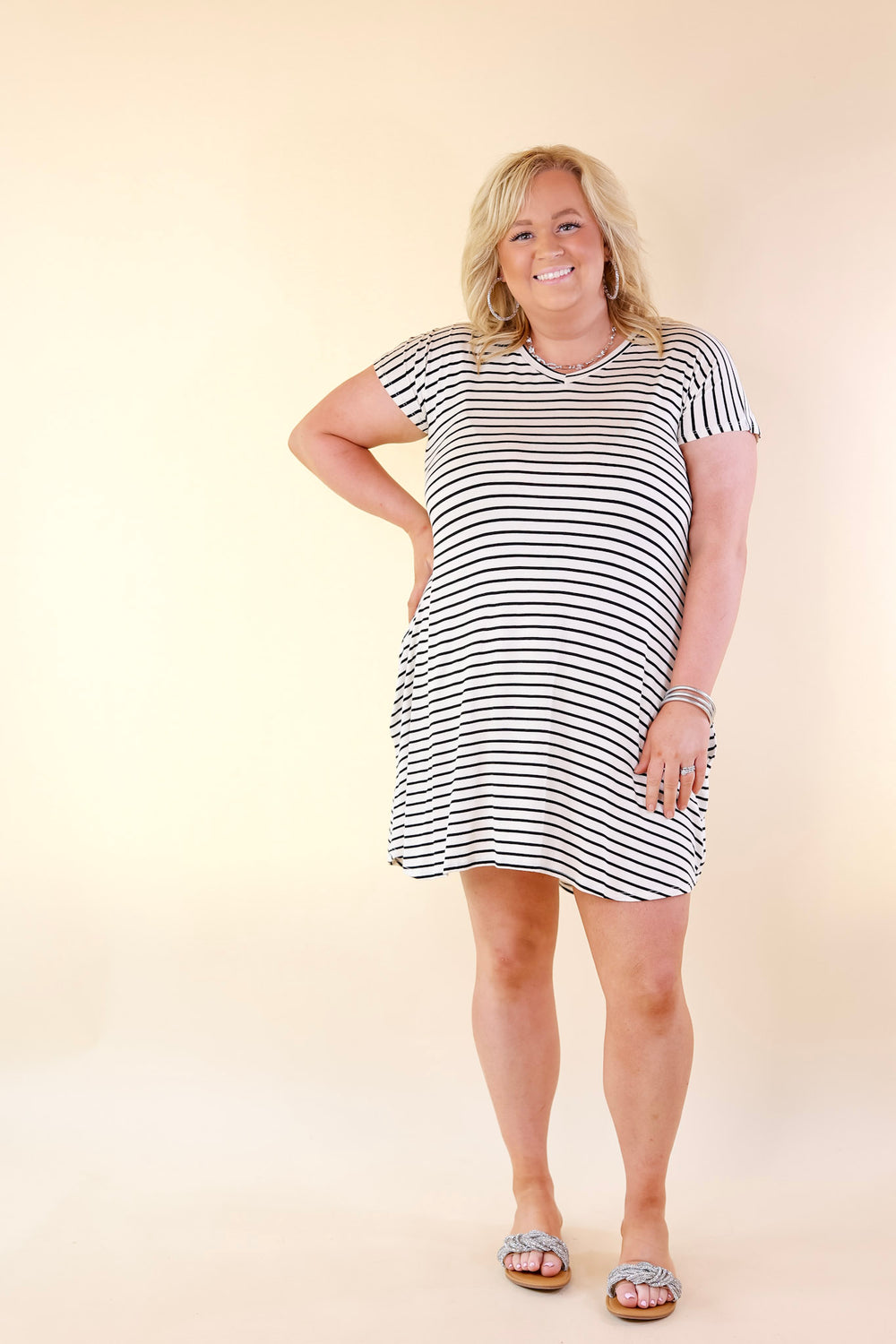 Effortless Moments Striped Short Sleeve Tee Shirt Dress in White - Giddy Up Glamour Boutique