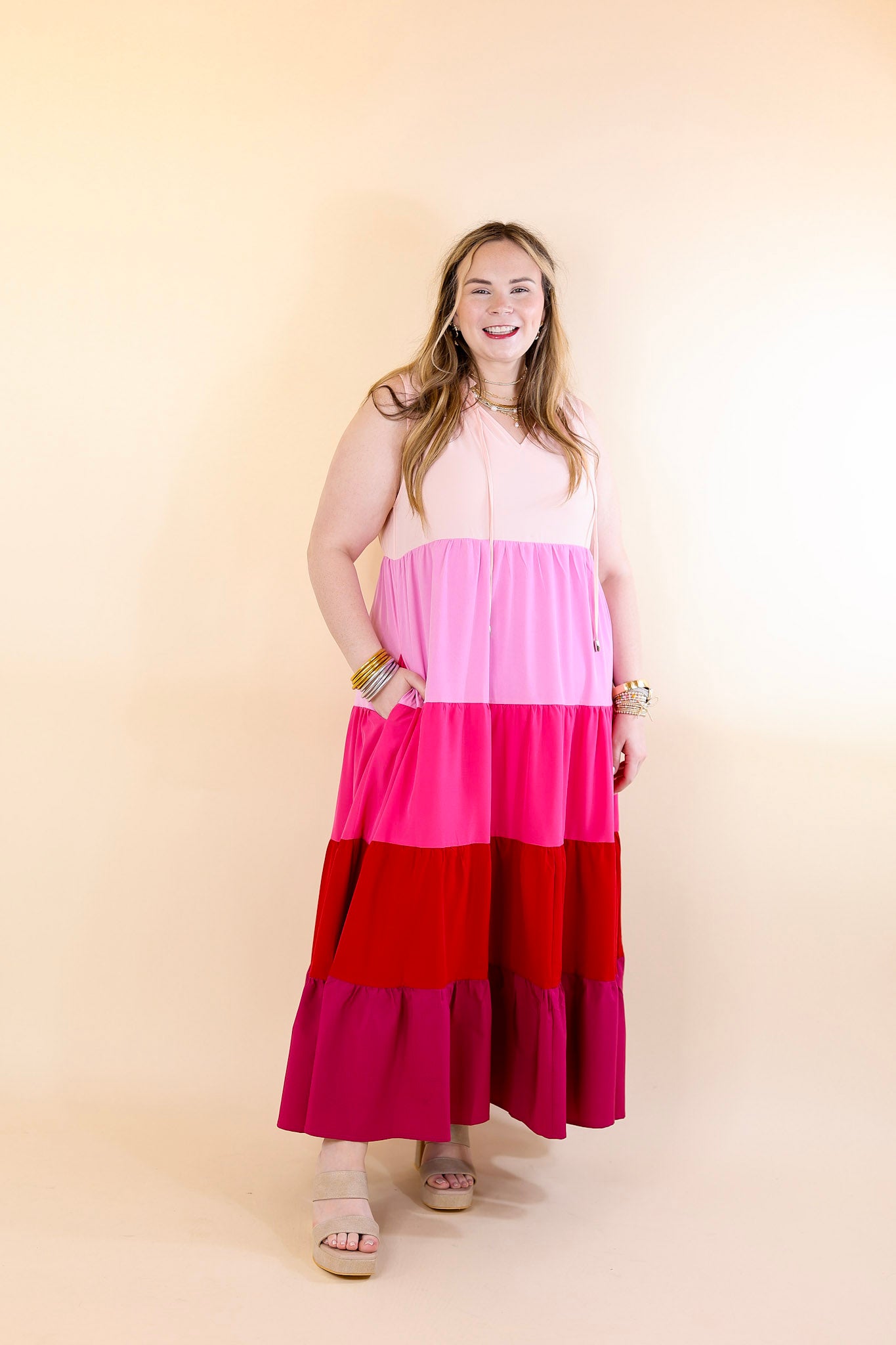 Calm Waters High Neck Tiered Maxi Dress in Pink Mix