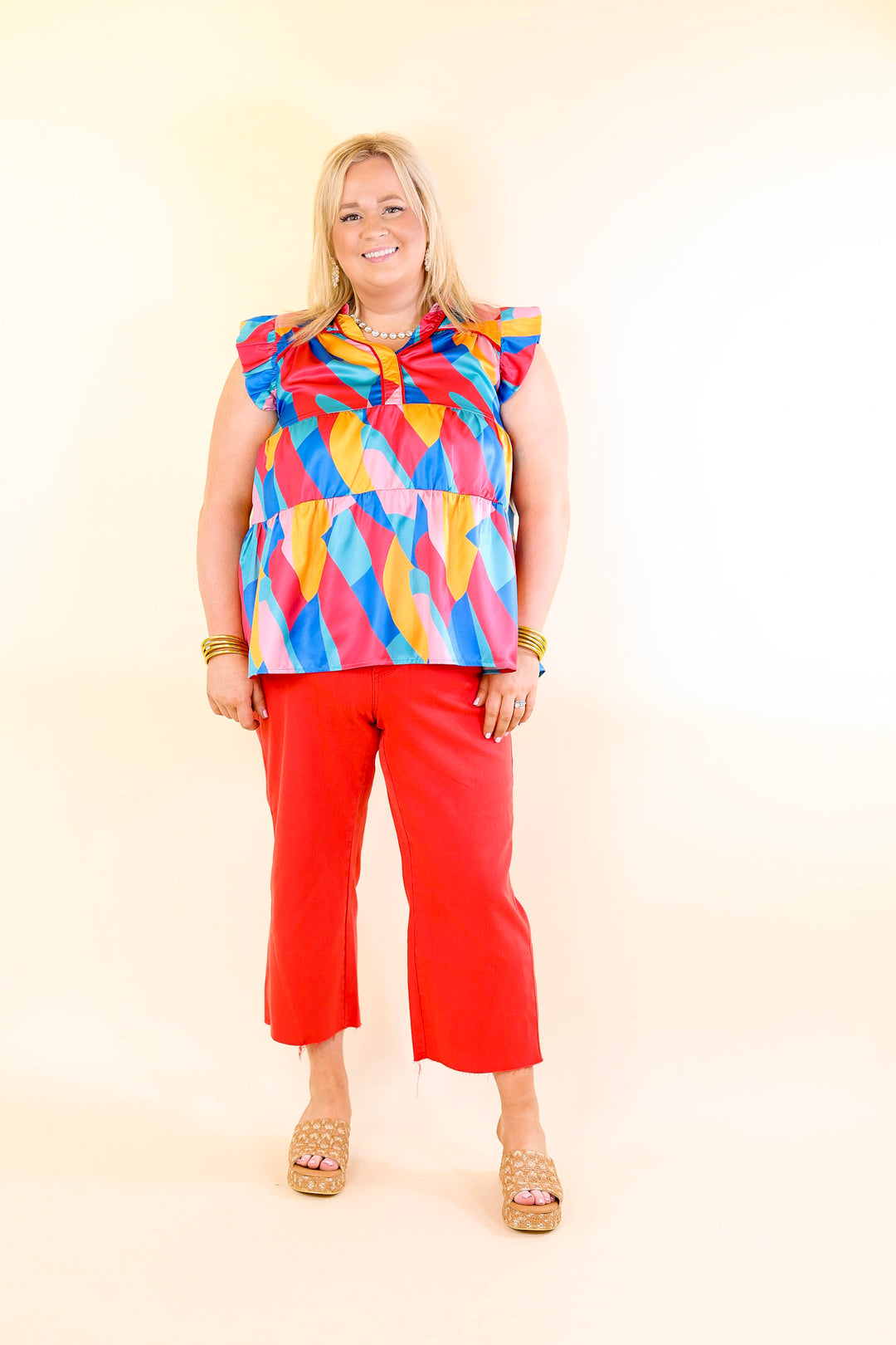 Last Chance Size XL | I Can't Wait V Neck with Ruffled Sleeves Top in Multicolor