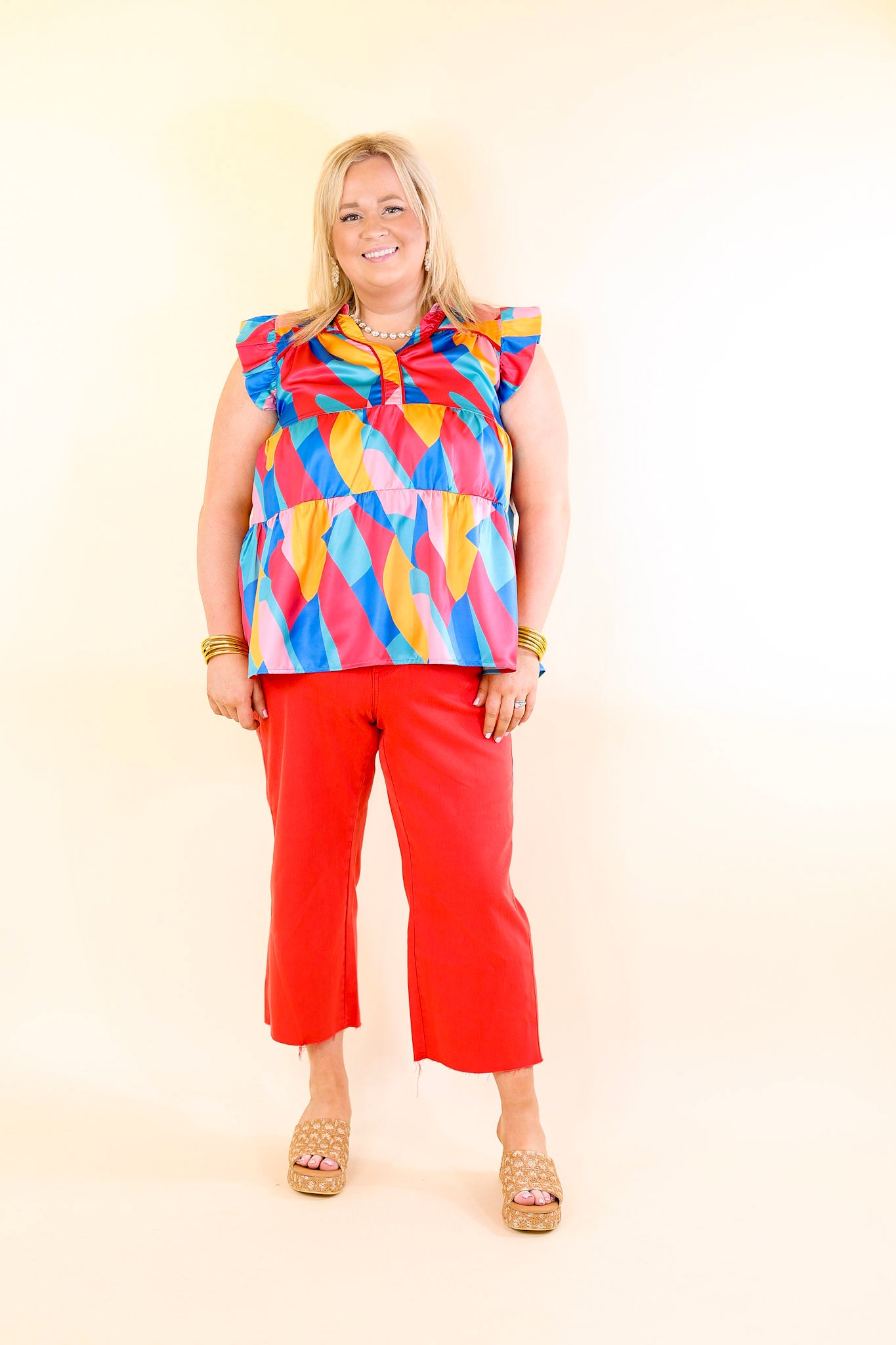 I Can't Wait V Neck with Ruffled Sleeves Top in Multicolor