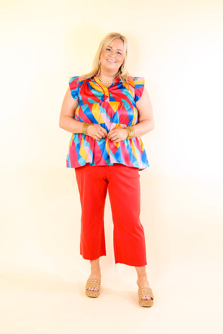 Last Chance Size XL | I Can't Wait V Neck with Ruffled Sleeves Top in Multicolor