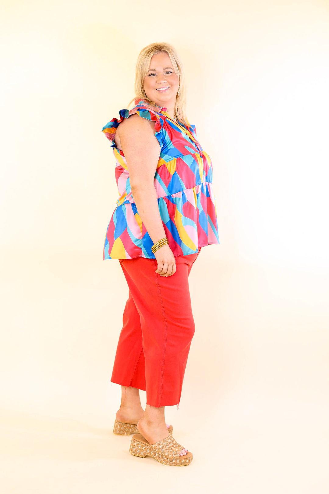 Last Chance Size XL | I Can't Wait V Neck with Ruffled Sleeves Top in Multicolor