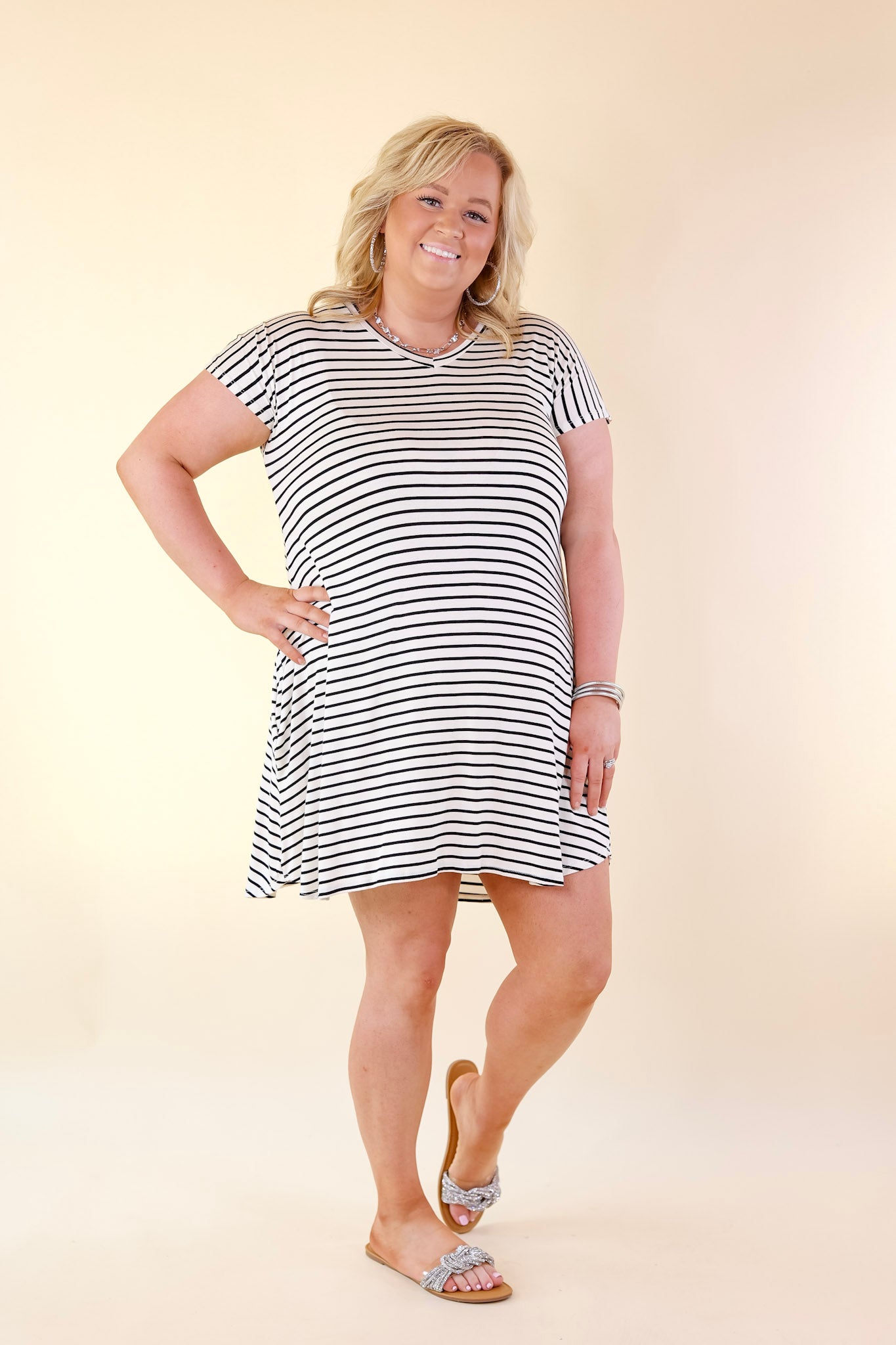 Effortless Moments Striped Short Sleeve Tee Shirt Dress in White - Giddy Up Glamour Boutique