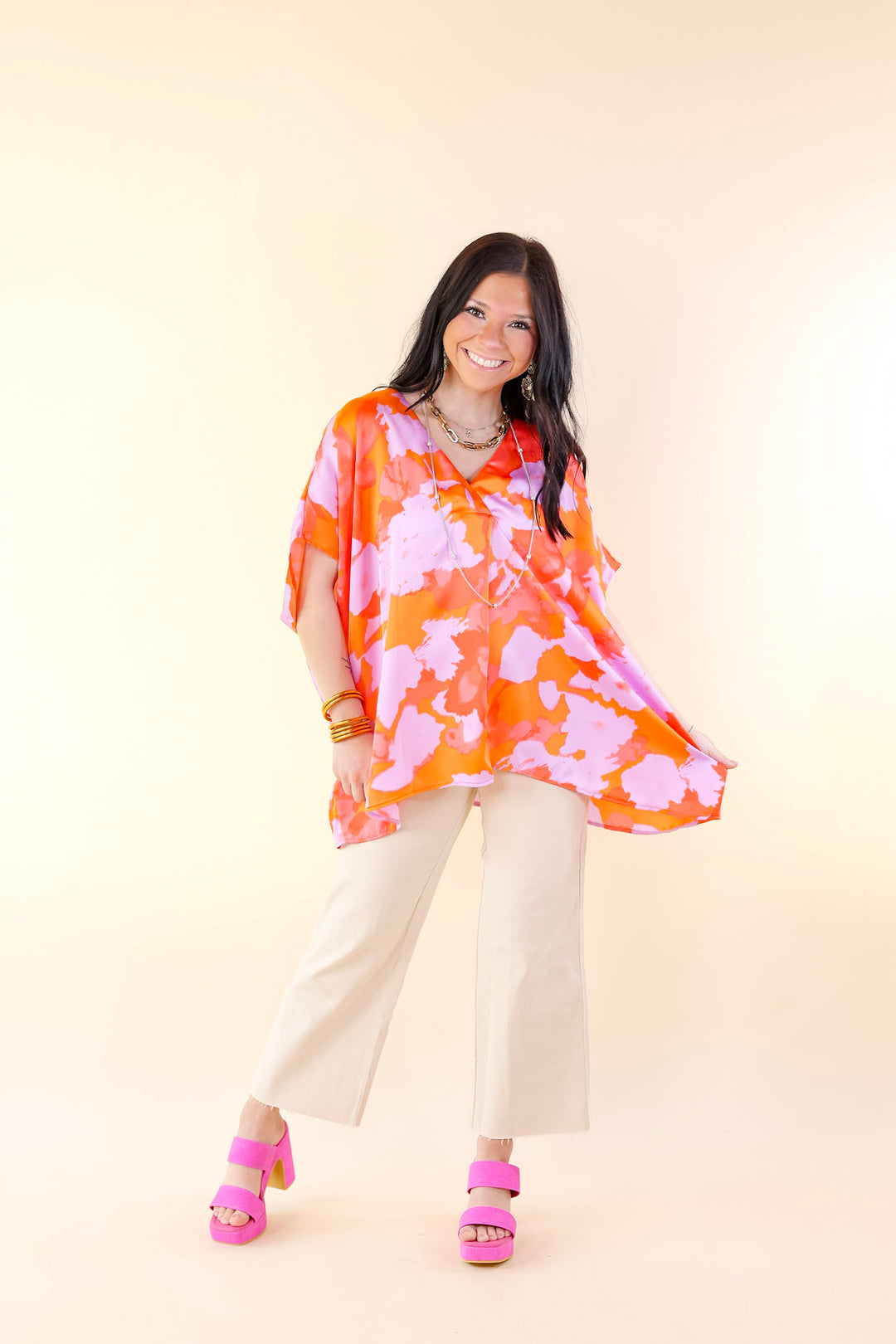 Weekend Out V Neck Short Sleeve Top in Orange and Purple - Giddy Up Glamour Boutique