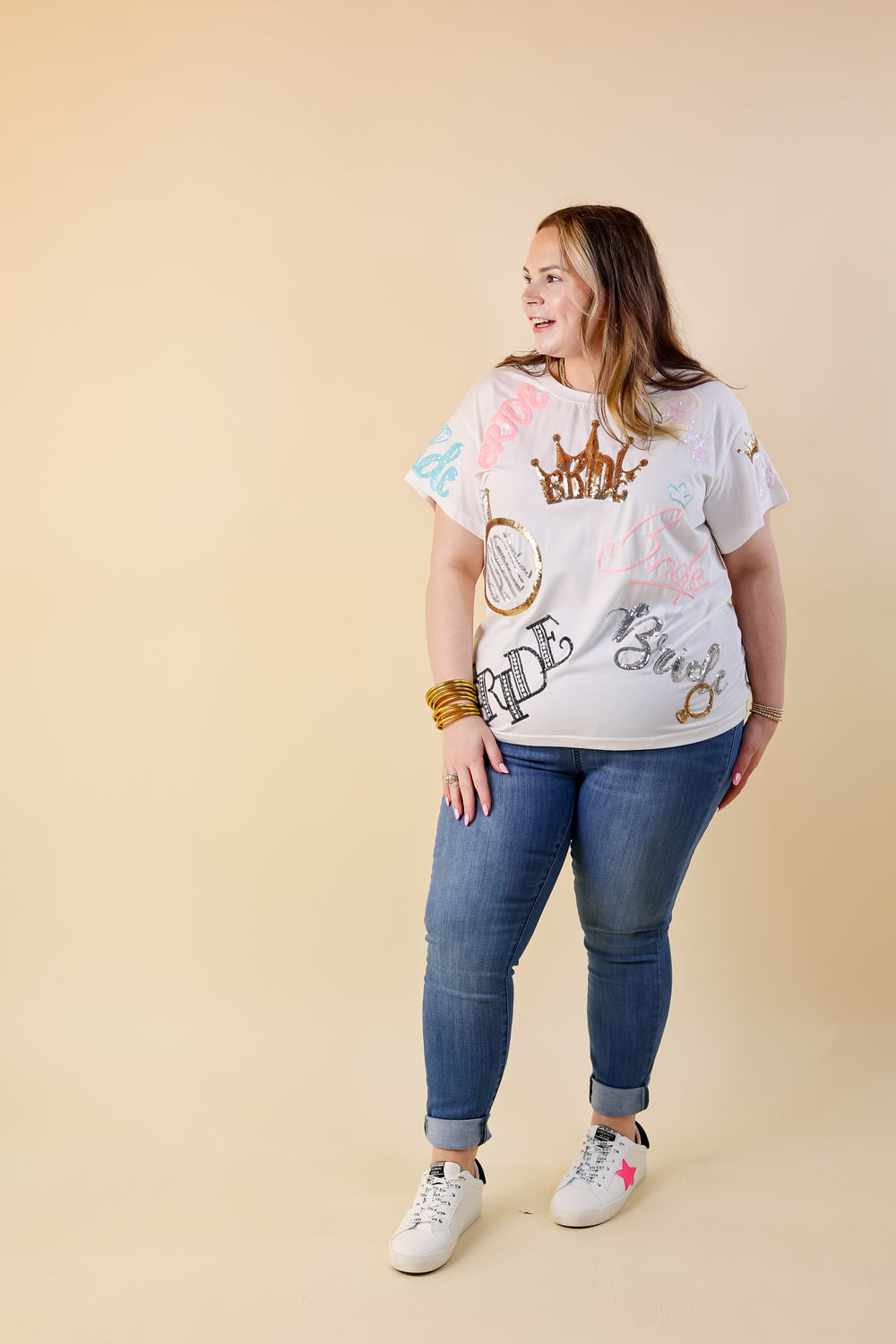 Queen Of Sparkles | Happily Ever After Bride Fully Sequin Short Sleeve Tee in White - Giddy Up Glamour Boutique