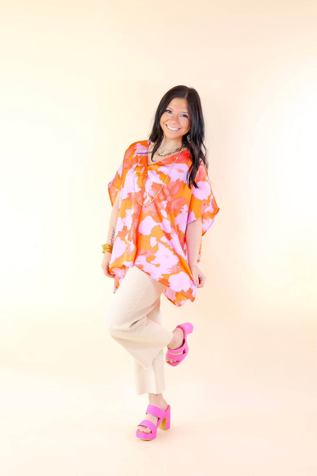 Weekend Out V Neck Short Sleeve Top in Orange and Purple - Giddy Up Glamour Boutique