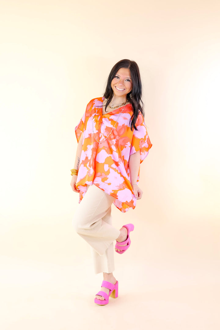 Weekend Out V Neck Short Sleeve Top in Orange and Purple - Giddy Up Glamour Boutique