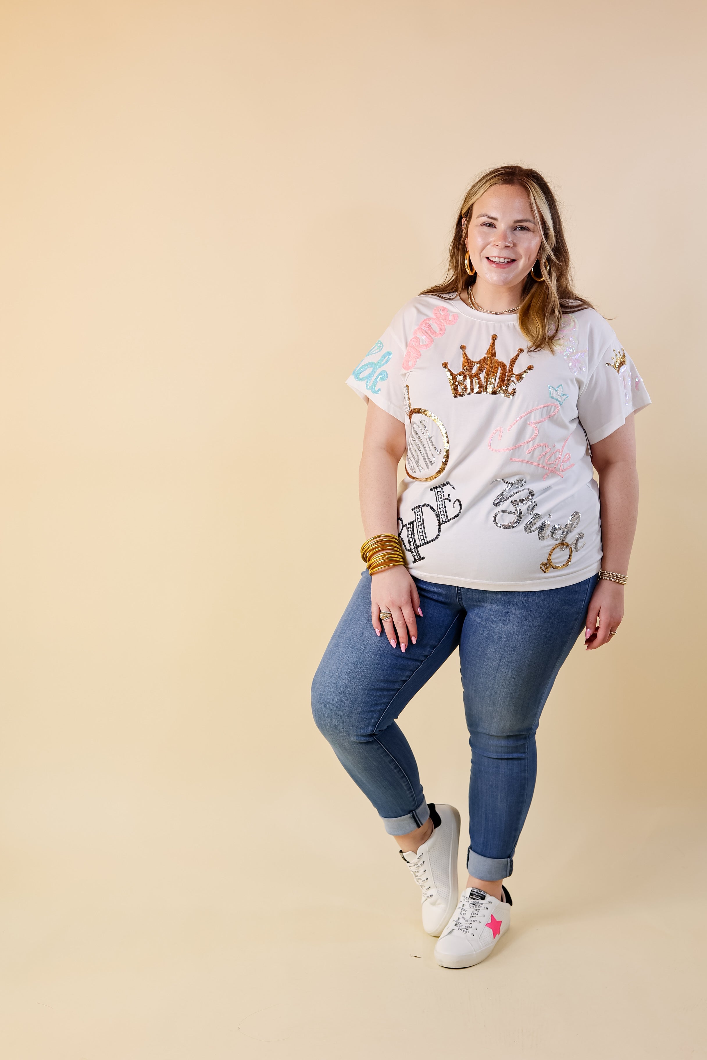 Queen Of Sparkles | Happily Ever After Bride Fully Sequin Short Sleeve Tee in White - Giddy Up Glamour Boutique