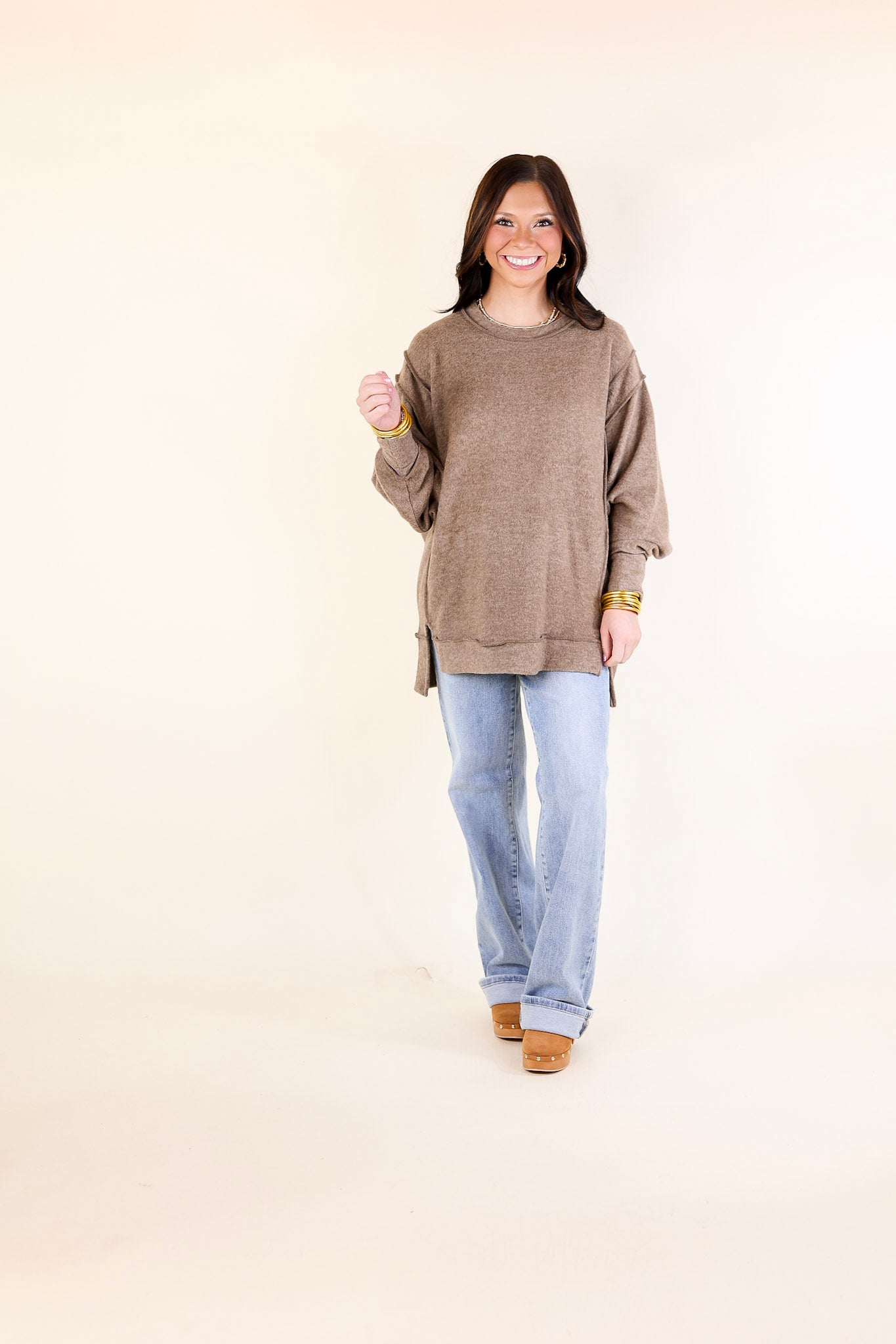 Softly Stated Brushed Melange Hacci Oversized Sweater in Mocha Brown