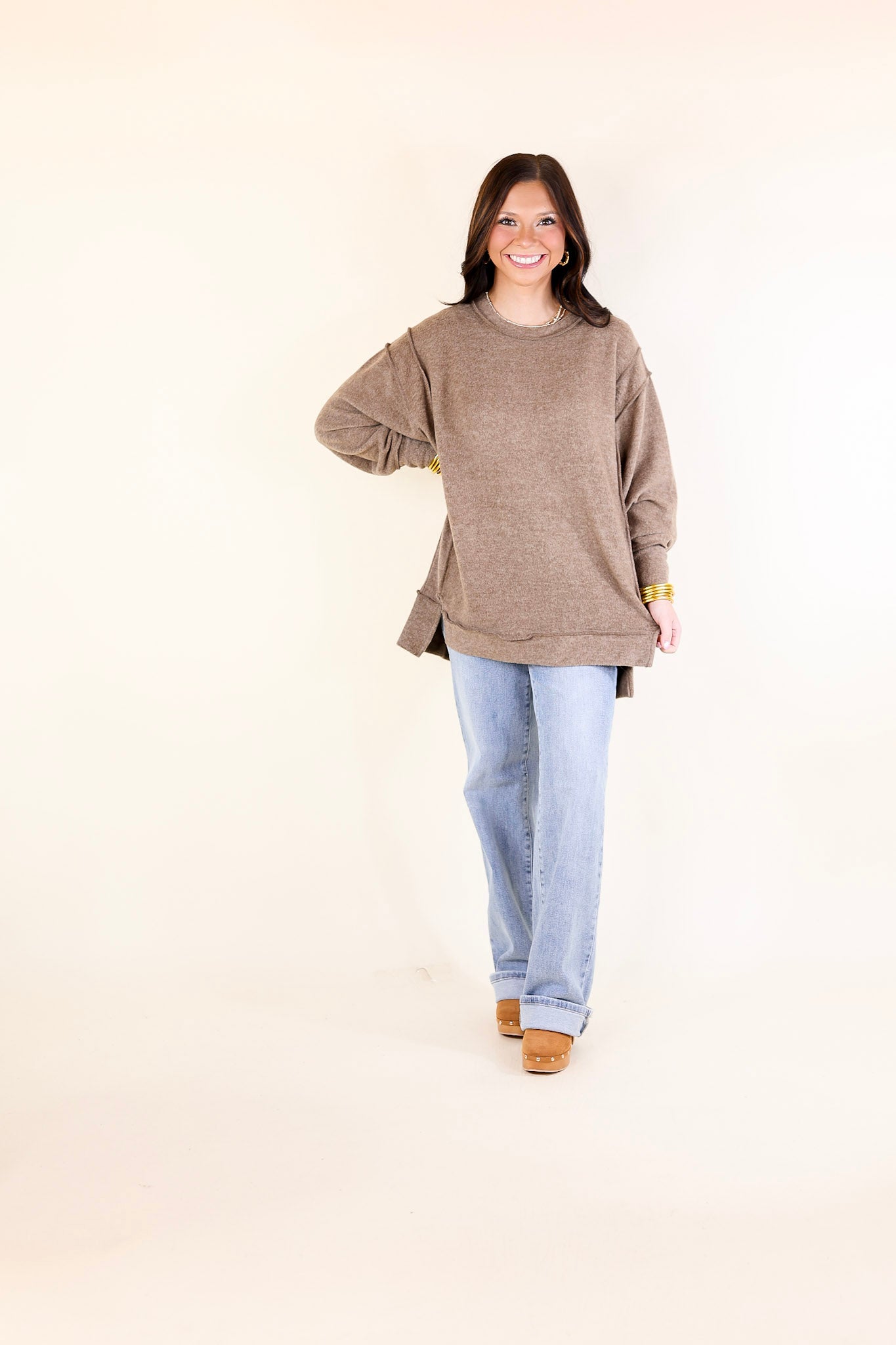 Softly Stated Brushed Melange Hacci Oversized Sweater in Mocha Brown